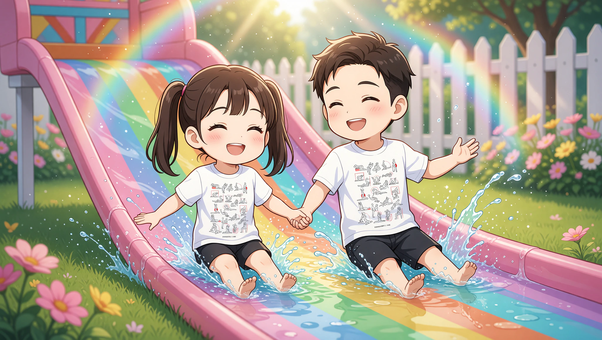 Chibi couple in Kamasutra Cute tees on backyard slip n slide