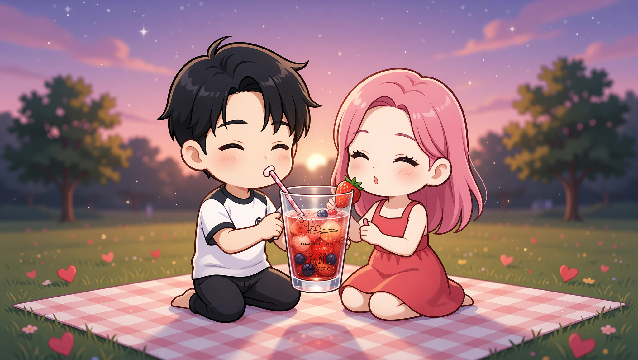 Couple enjoying twilight shake picnic with Kamasutra Cute shaker pint glasses.