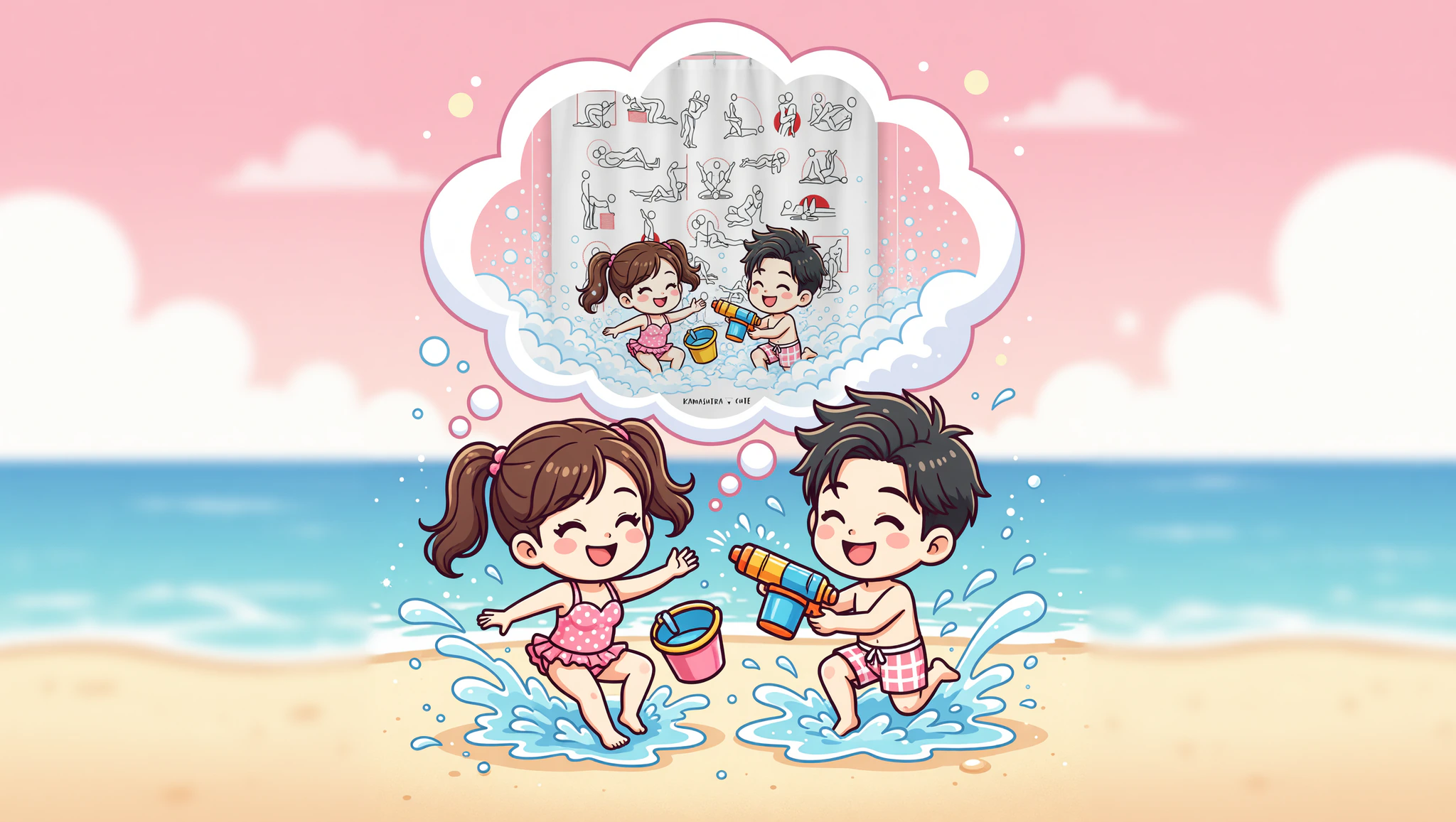 Chibi couple on beach date dreaming of Kamasutra shower foam fun