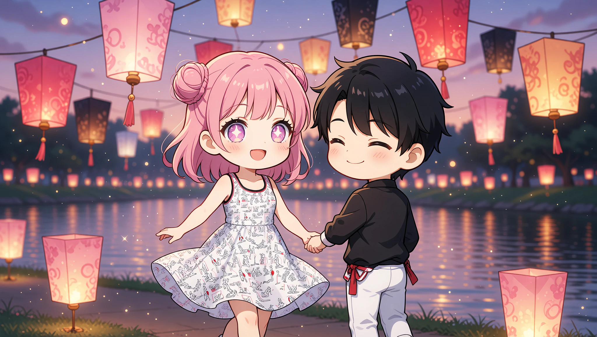 Couple on enchanting lantern festival walk in skater dress