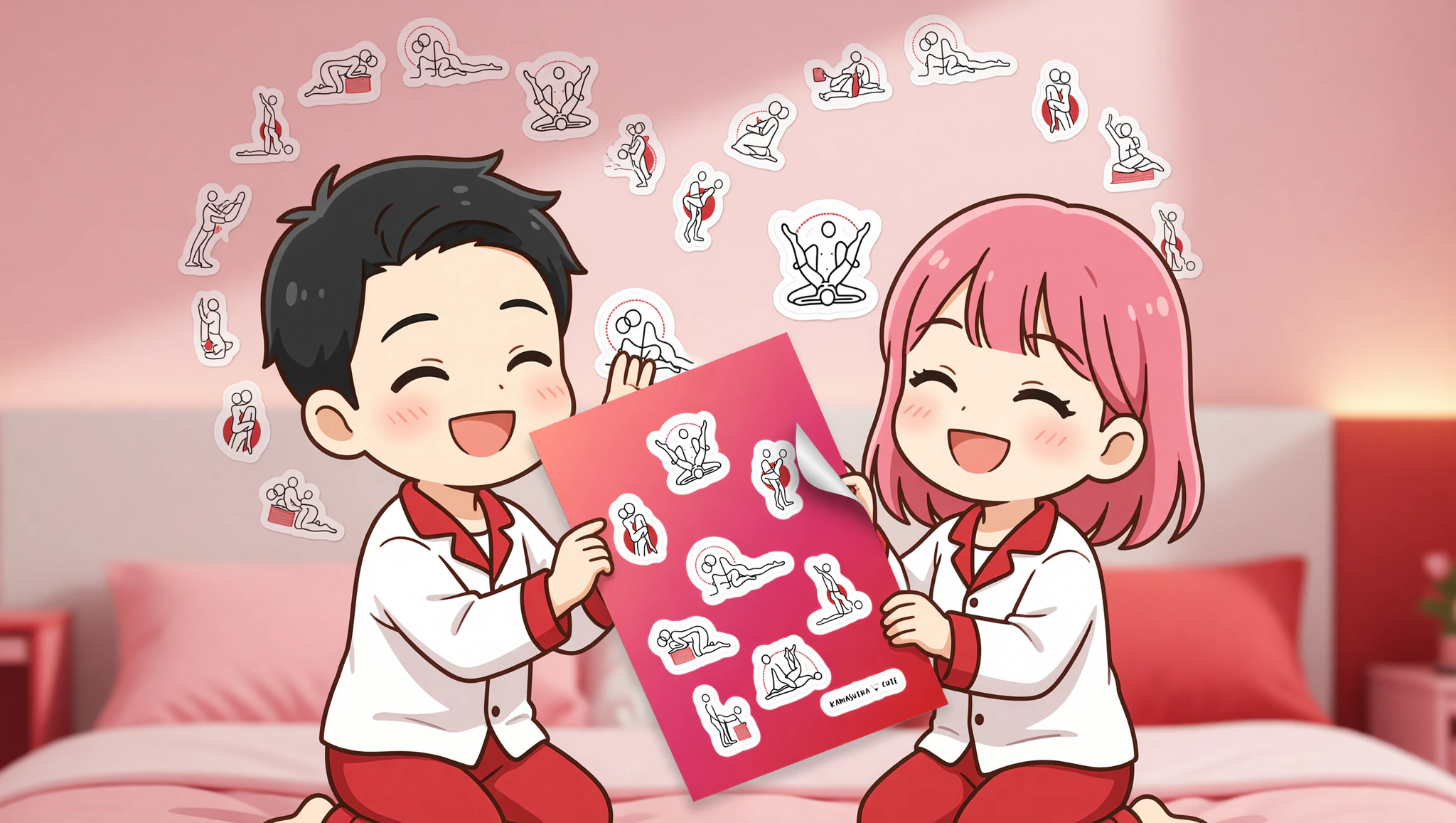 Couple building flirty Kamasutra affirmation wall with sticker sheet