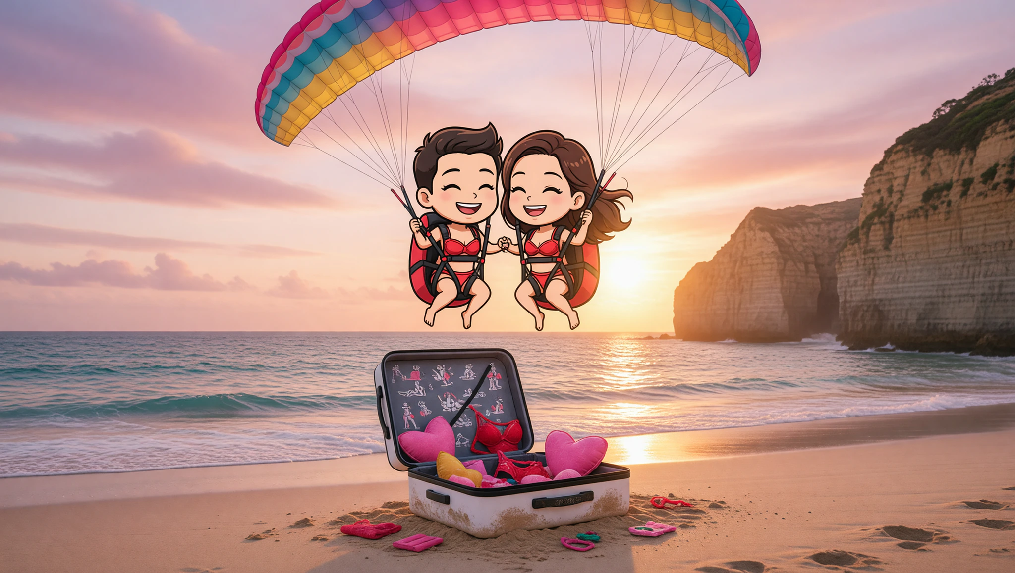 Playful couple tandem paragliding with Kamasutra Cute suitcase adventure.