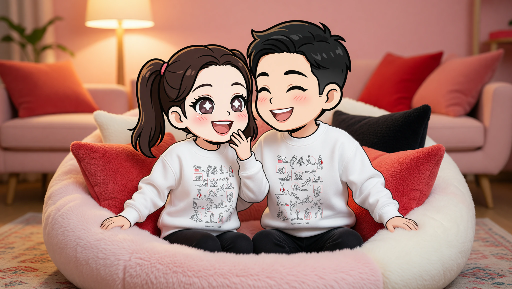 Couple in Kamasutra Cute sweatshirts enjoying playful charades date night.