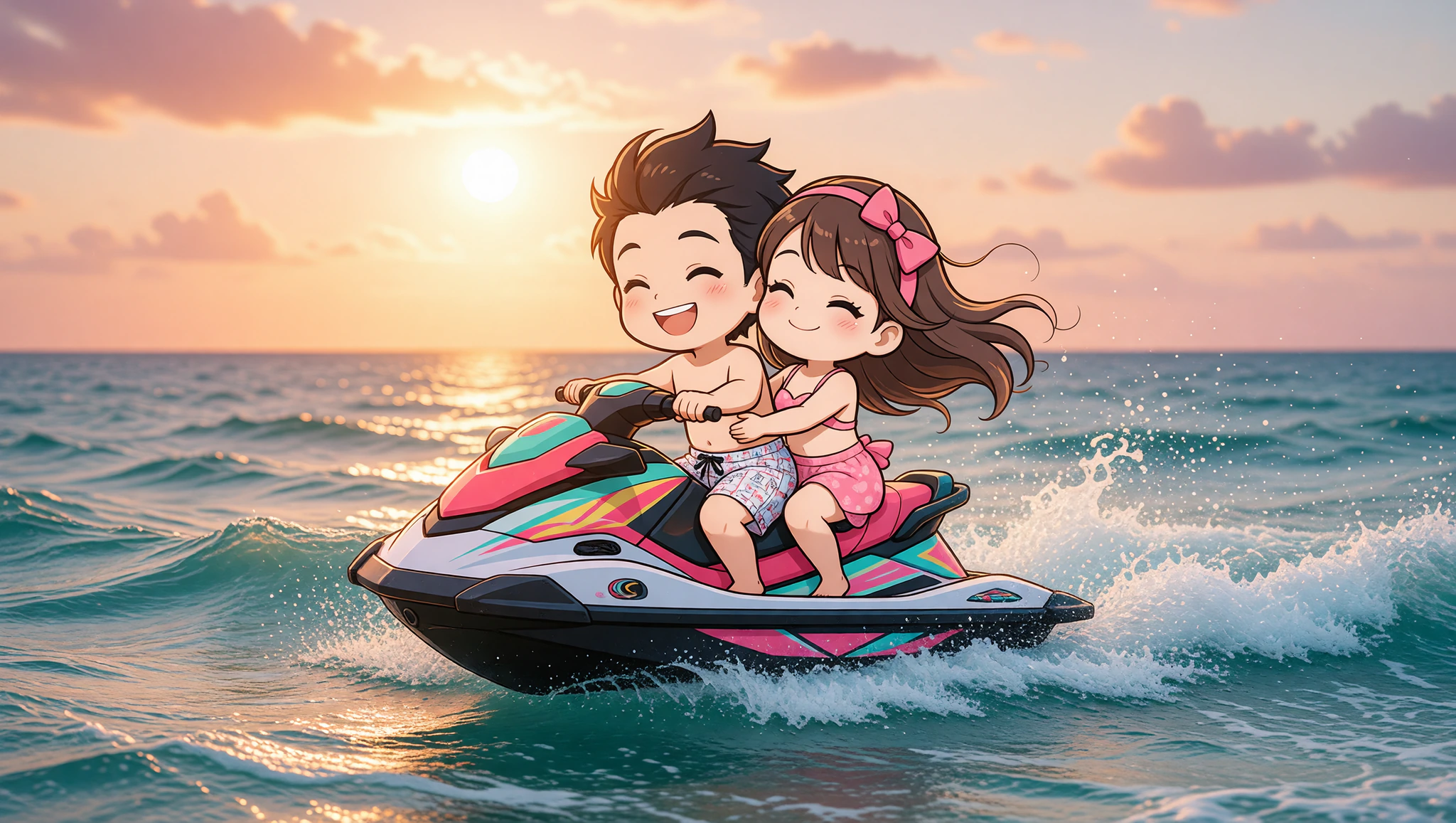 Couple jet skiing at sunset in playful Kamasutra swim trunks.