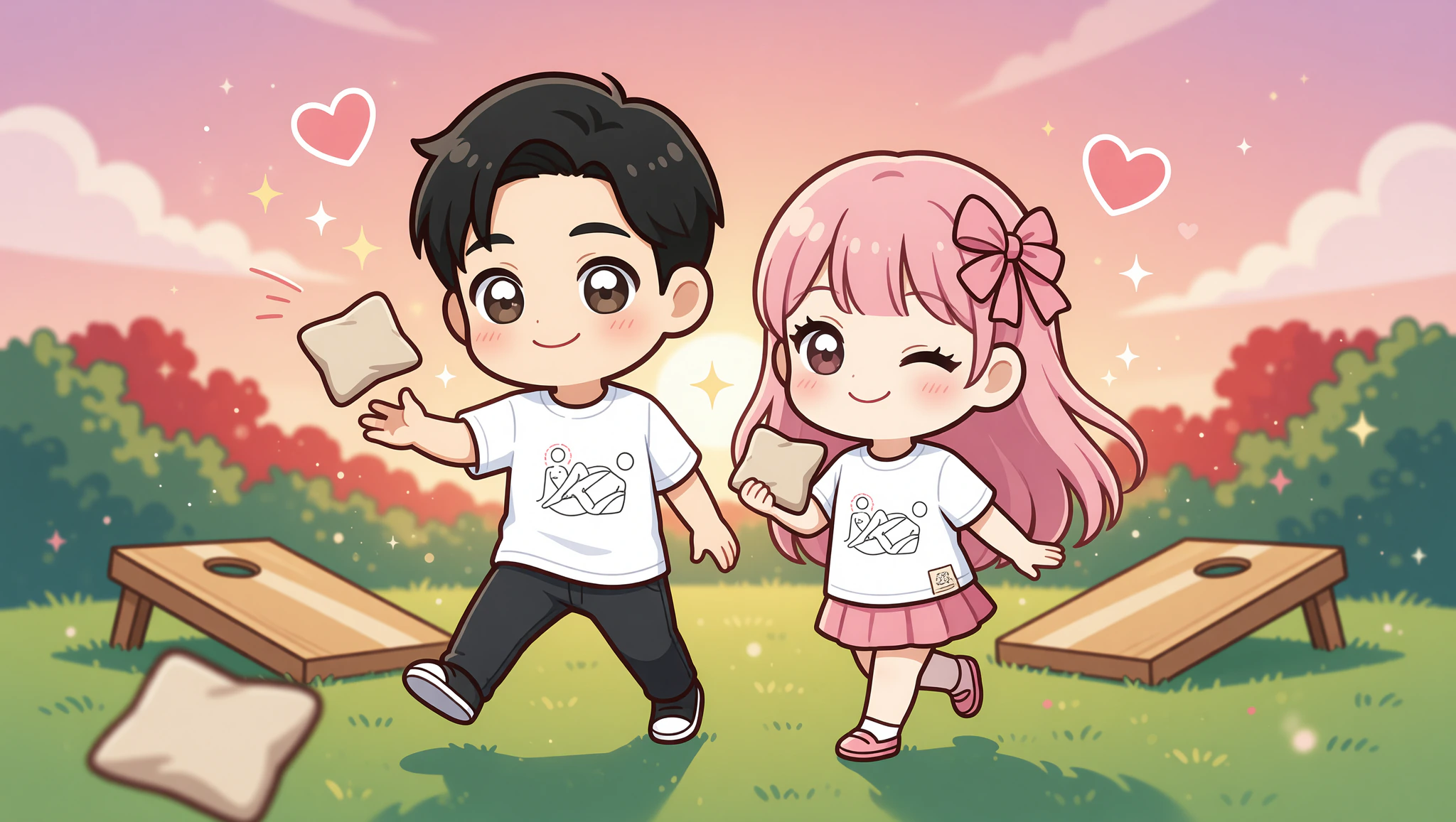 Chibi couple in Kamasutra Cute tees enjoying flirty backyard cornhole