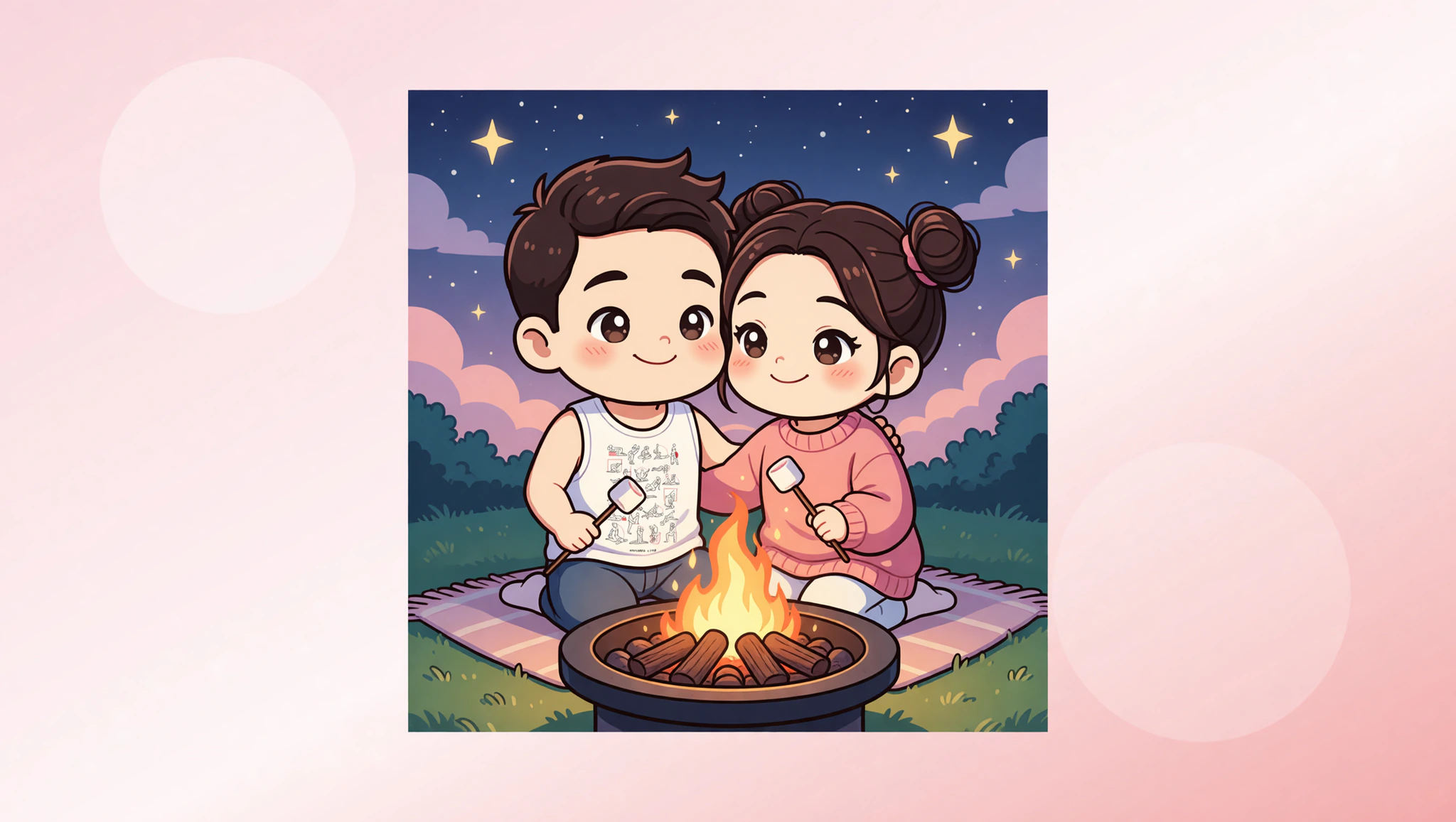 Chibi couple in Kamasutra tank top at romantic fire pit