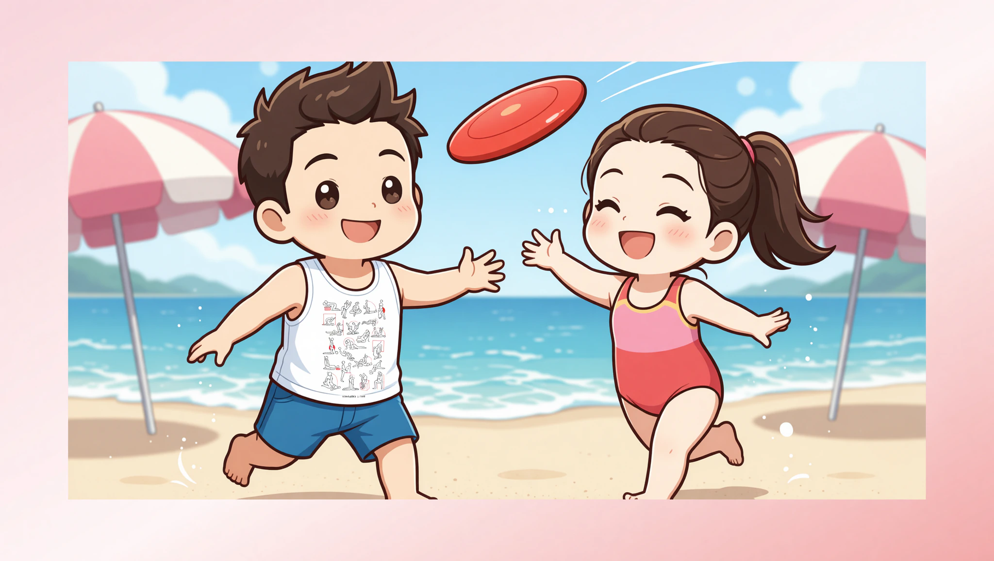 Chibi couple tossing frisbee on beach in playful Kamasutra tank top.