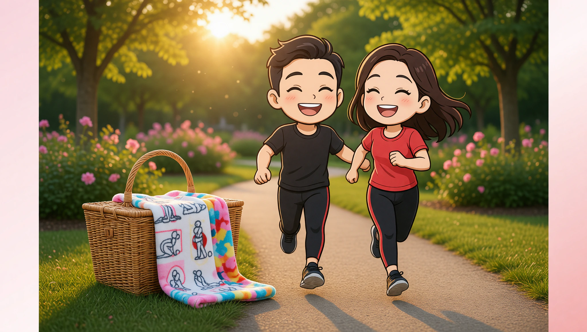 Couple enjoying post-run park date with playful towel