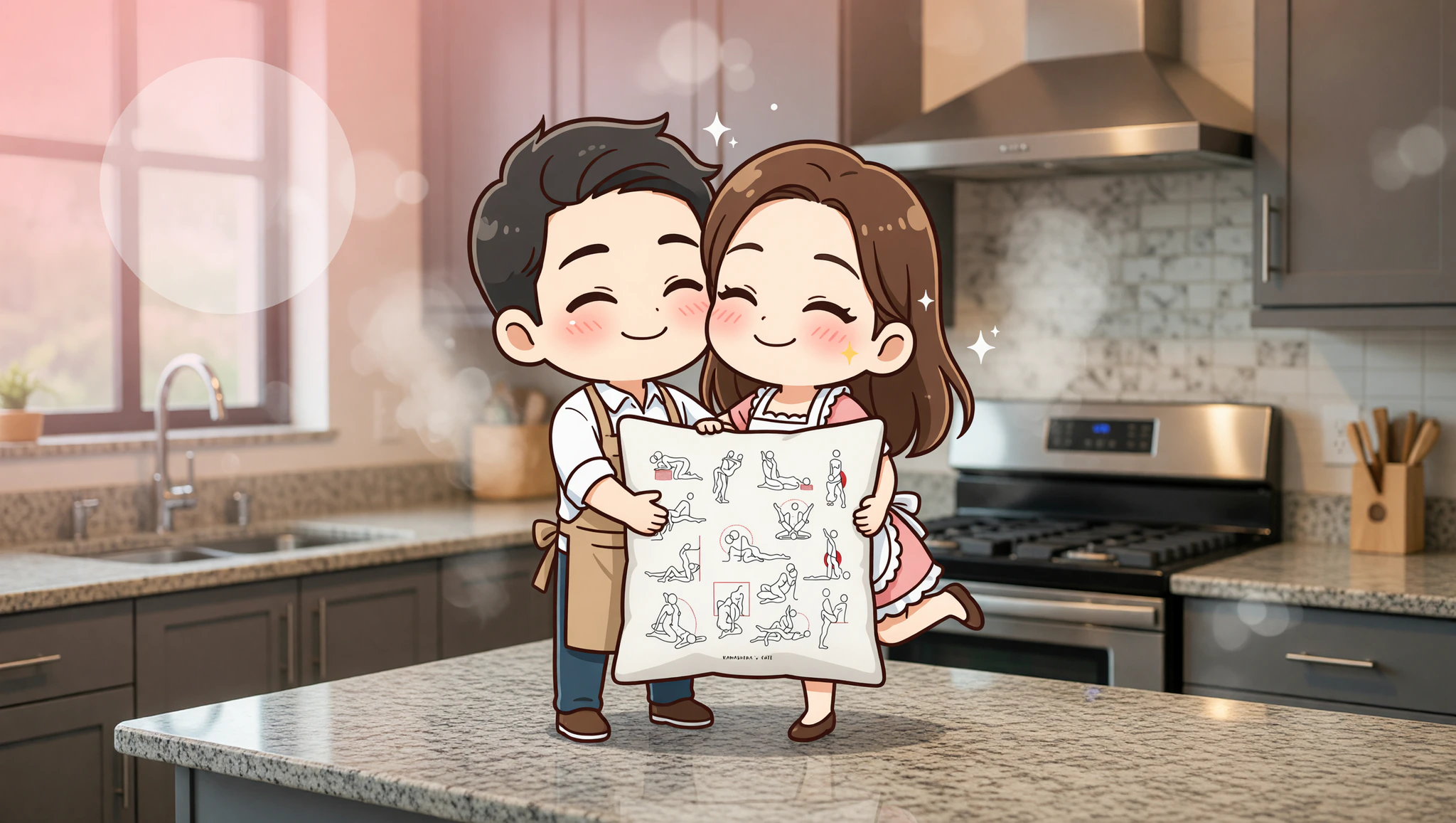 Verspieltes Paar in leidenschaftlicher Stellung am Küchentresen.