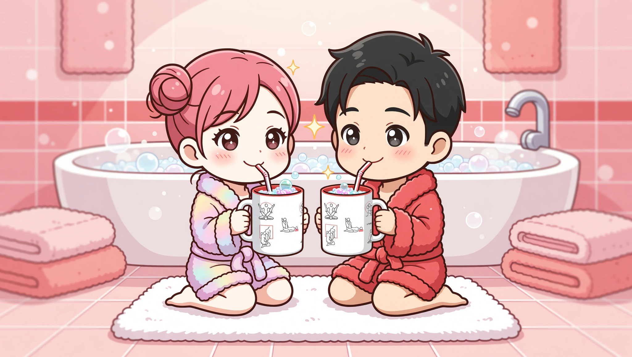 Chibi couple in robes enjoying flirty spa drinks from cute color-reveal mugs