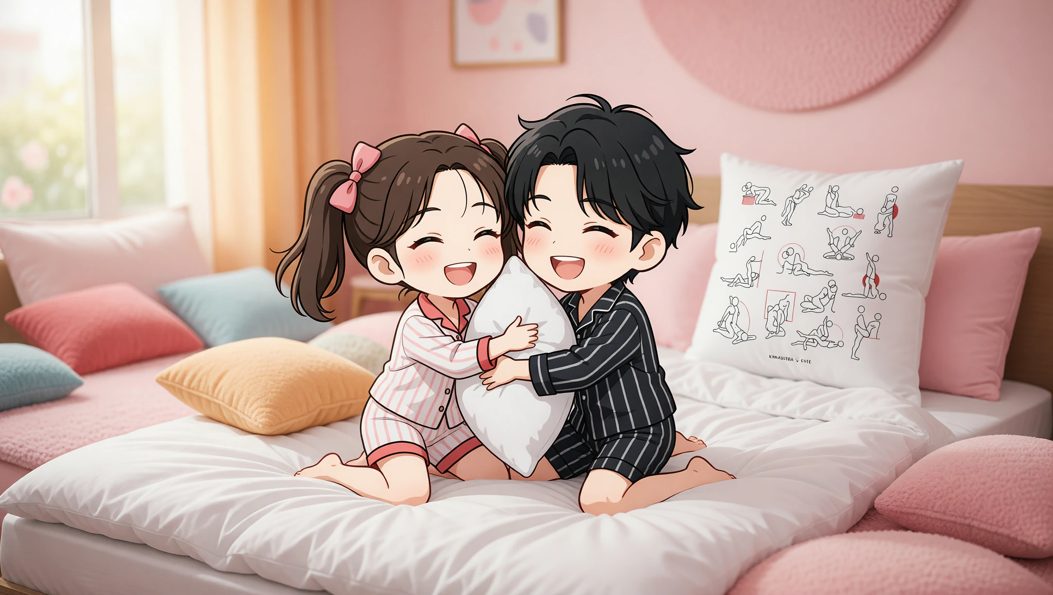 Couple enjoying flirty bedroom pillow wrestling match