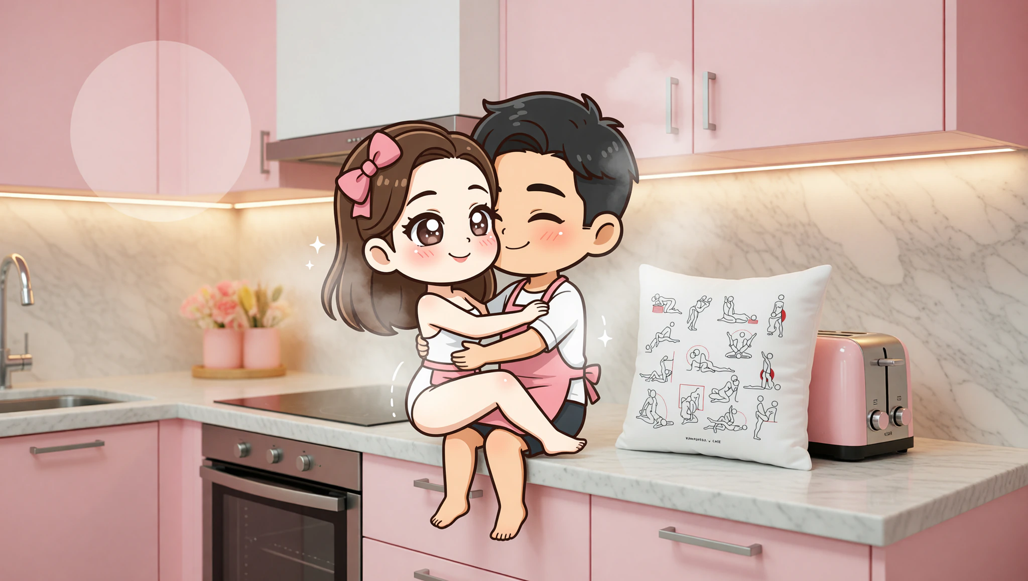 Passionate couple exploring a countertop clutch sex position in a cozy kitchen.