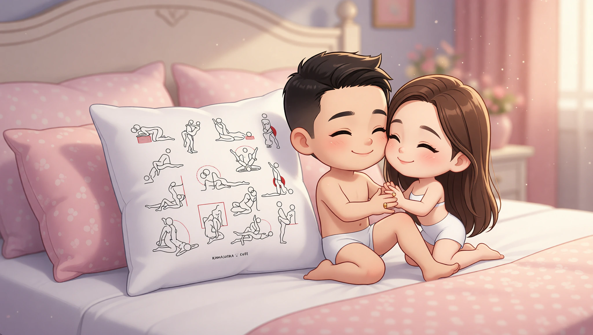 Newlywed man and woman in a steamy elevated missionary position using a supportive pillow in their bedroom.