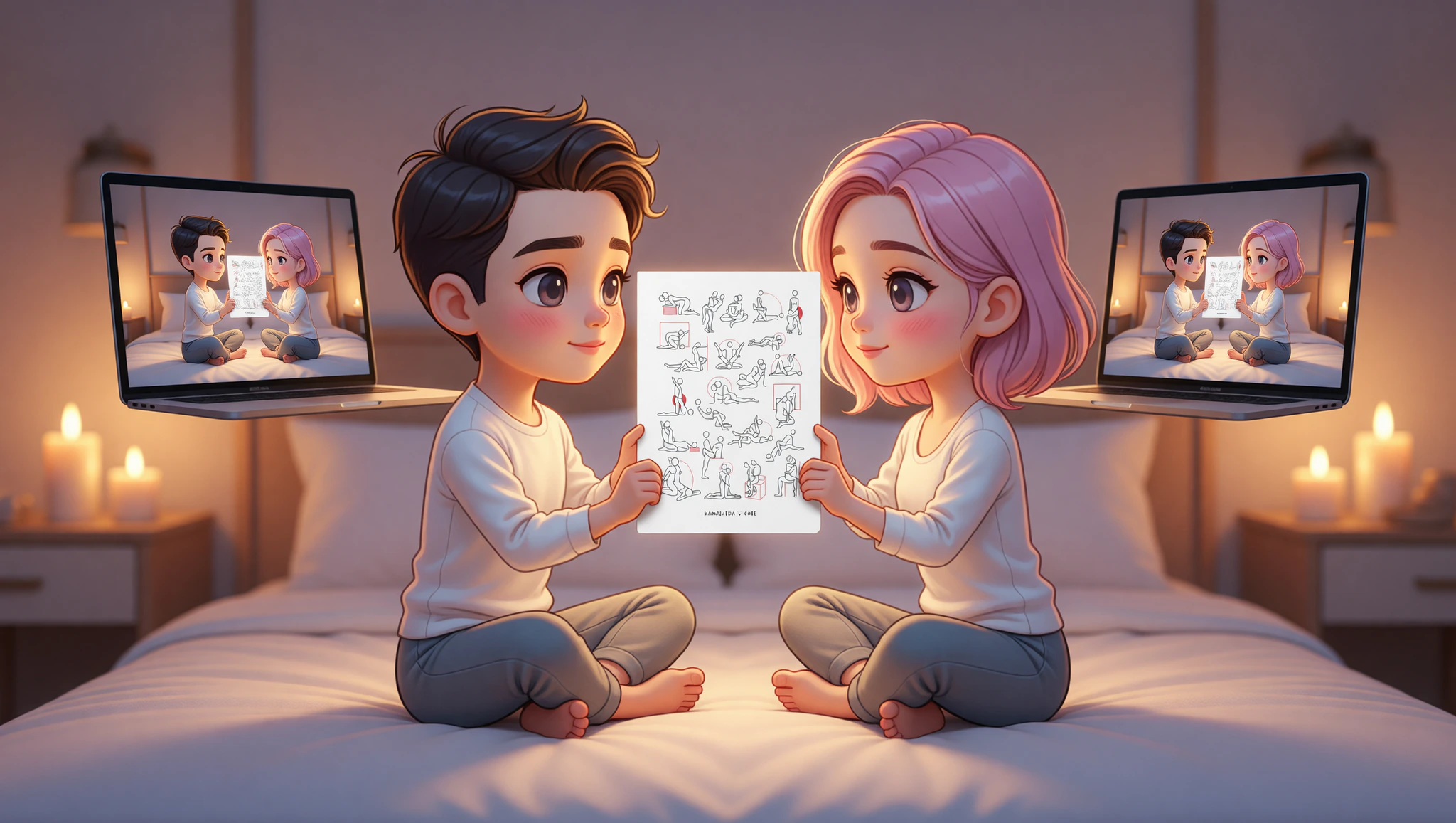 Pareja heterosexual en videollamada ardiente, imitando pose loto del Kamasutra con mirada intensa y conexión apasionada.