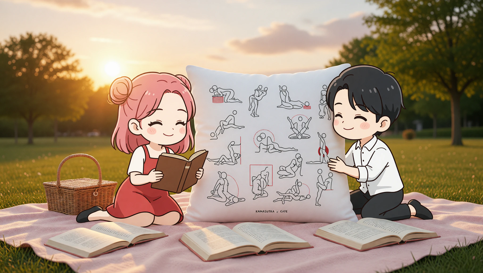 Couple enjoying sunset book date with cozy pillows.