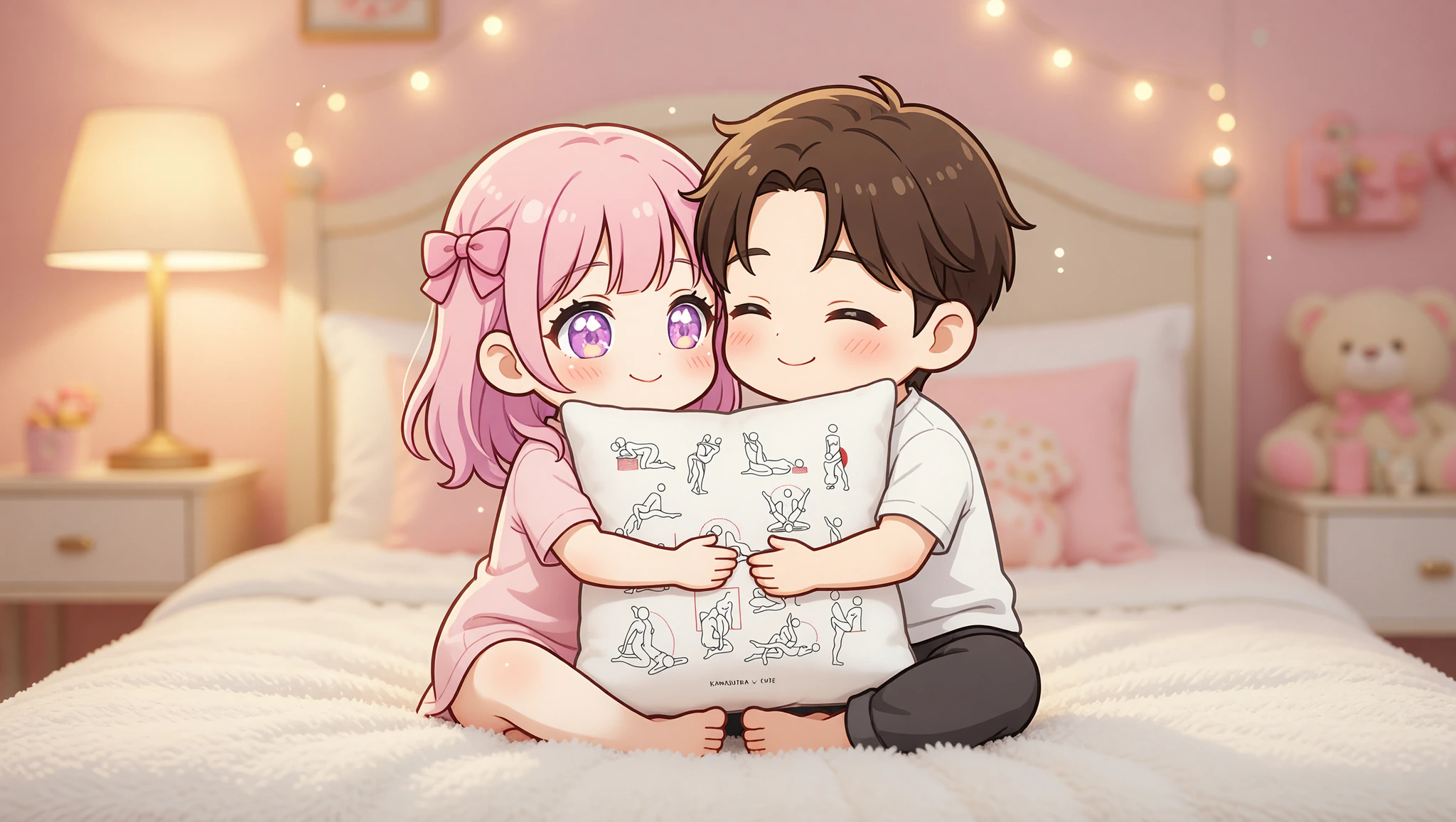 Couple demonstrating easy sex positions in bed