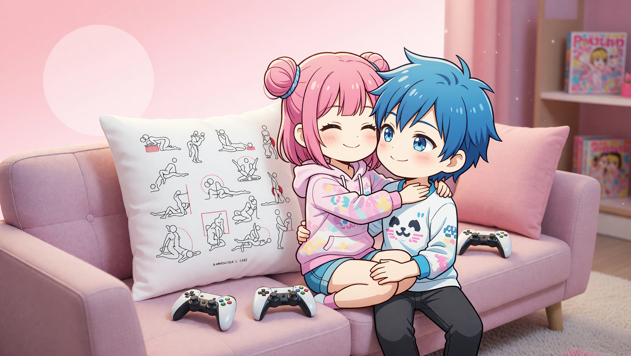 Pareja heterosexual gamer en posición íntima sobre el sofá, rodeados de controles y pantalla de videojuego.