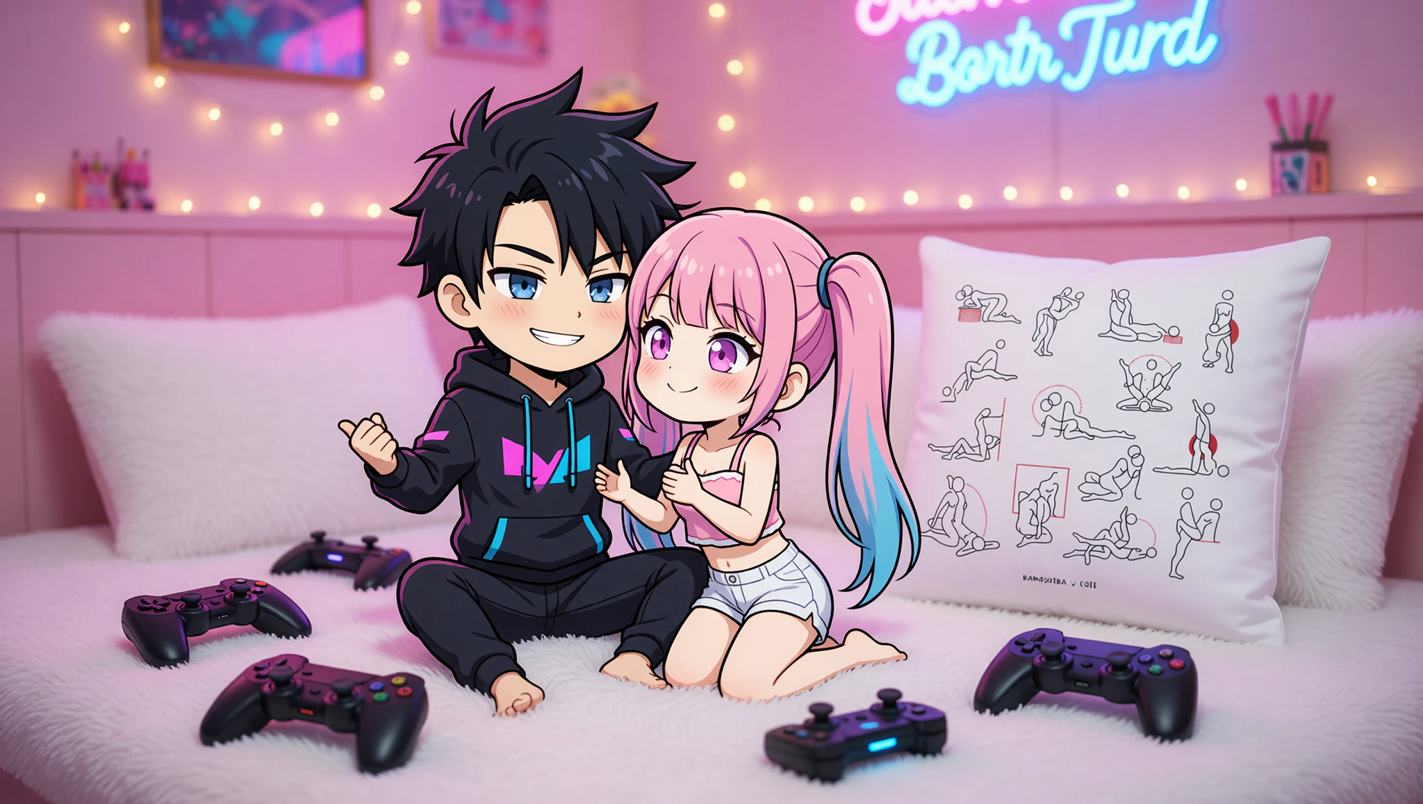 Pareja gamer hombre y mujer en pose ardiente de poder en su setup de juegos con luces neón.