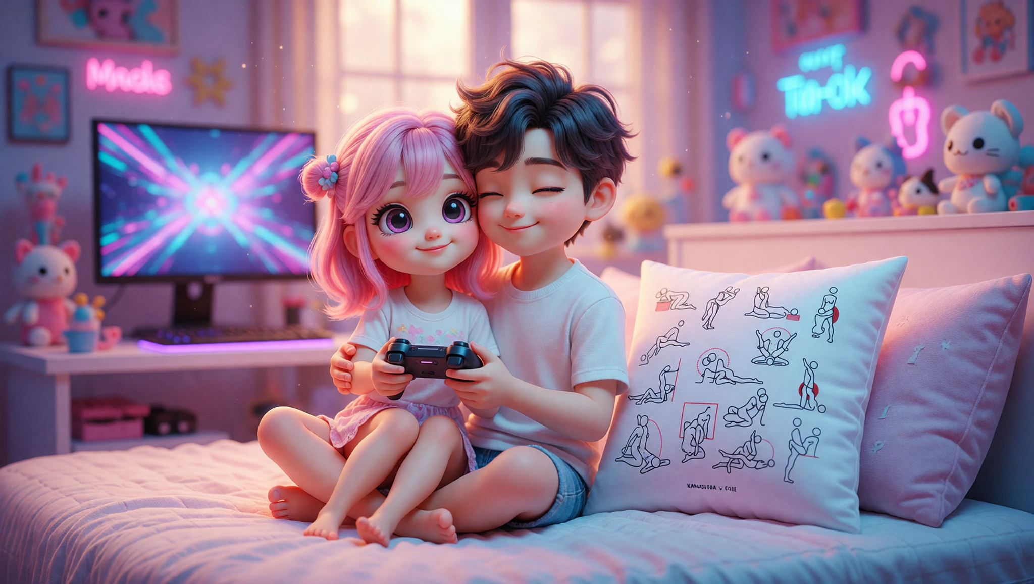 A man and woman gamer couple sharing an intimate moment on their gaming bed with controllers nearby.