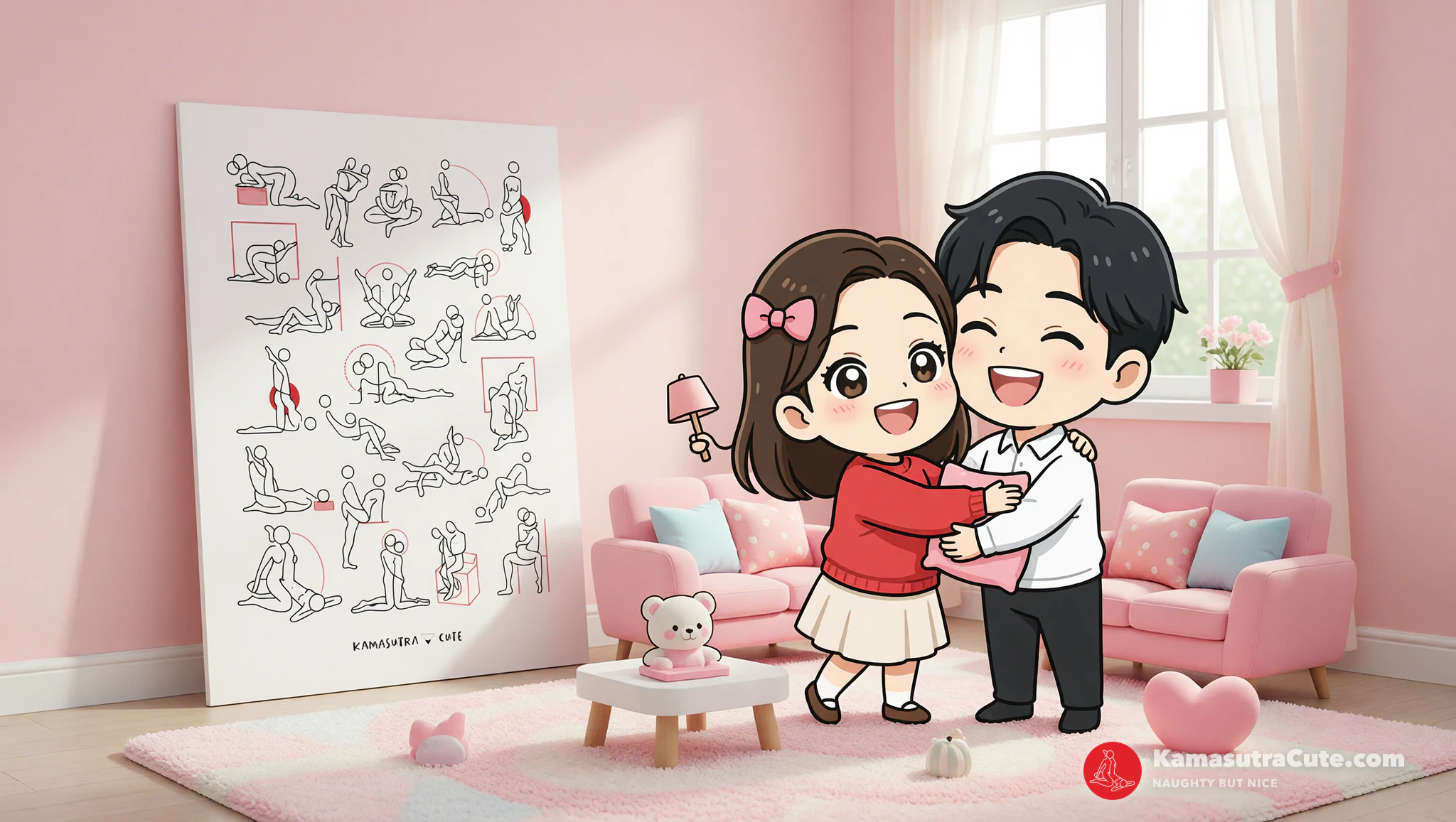 Couple playfully installing Kamasutra Cute poster while redecorating.