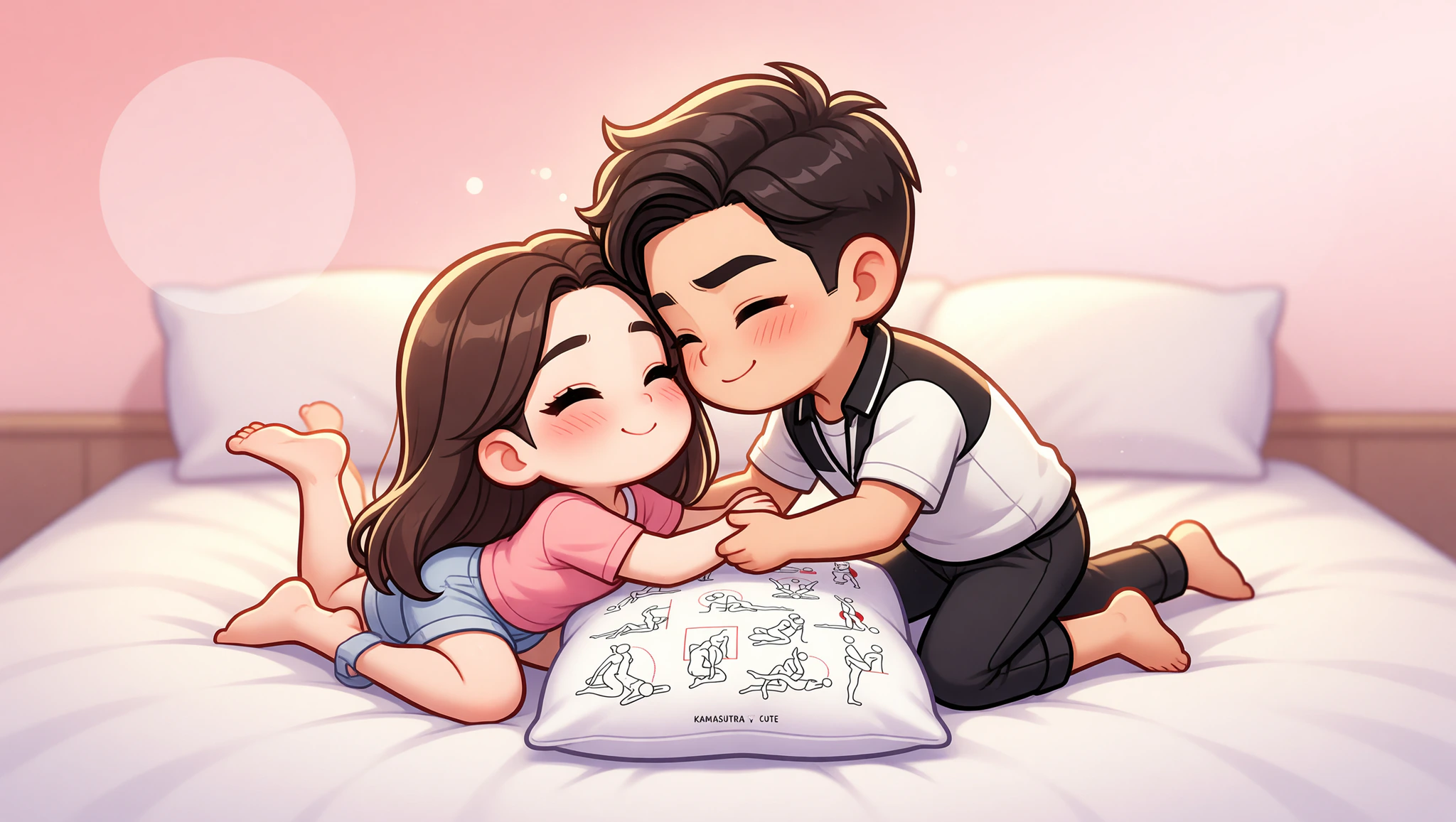 A man and woman in soulful missionary position, eyes locked in deep emotional connection with supportive pillow.