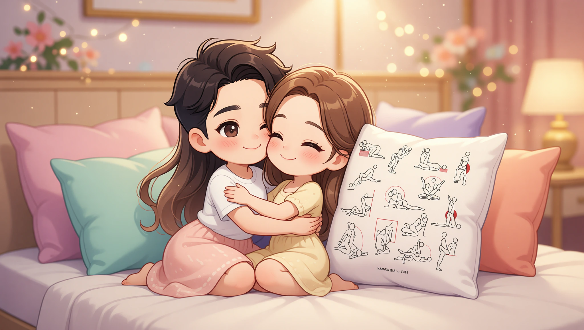 A loving man and woman nurturing their bond through an intimate embrace on a pillow-supported bed.