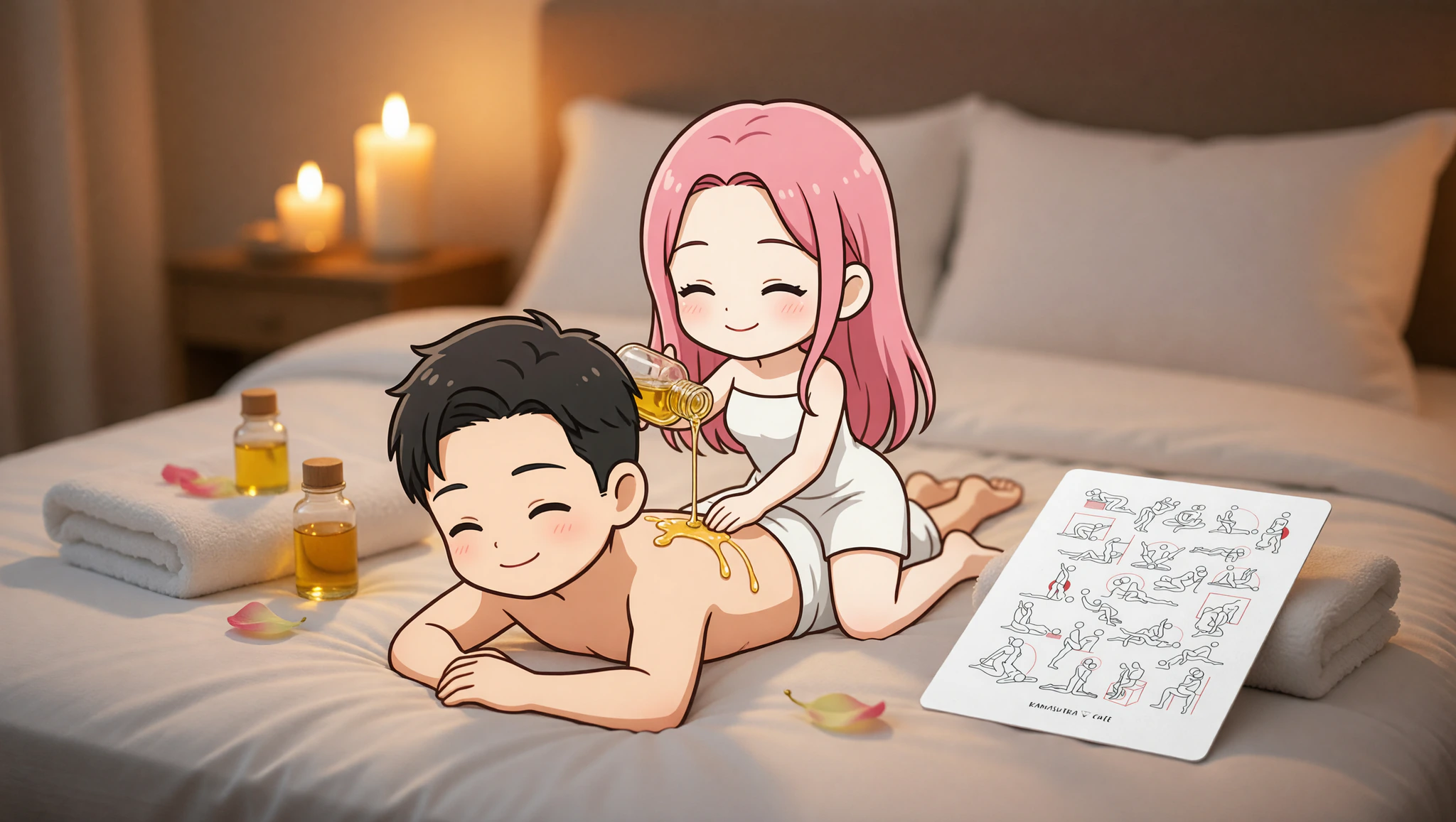 Ein Mann und eine Frau genießen ein entspanntes Kamasutra-Spa mit Öl-Tröpfchen in intimer Umarmung.