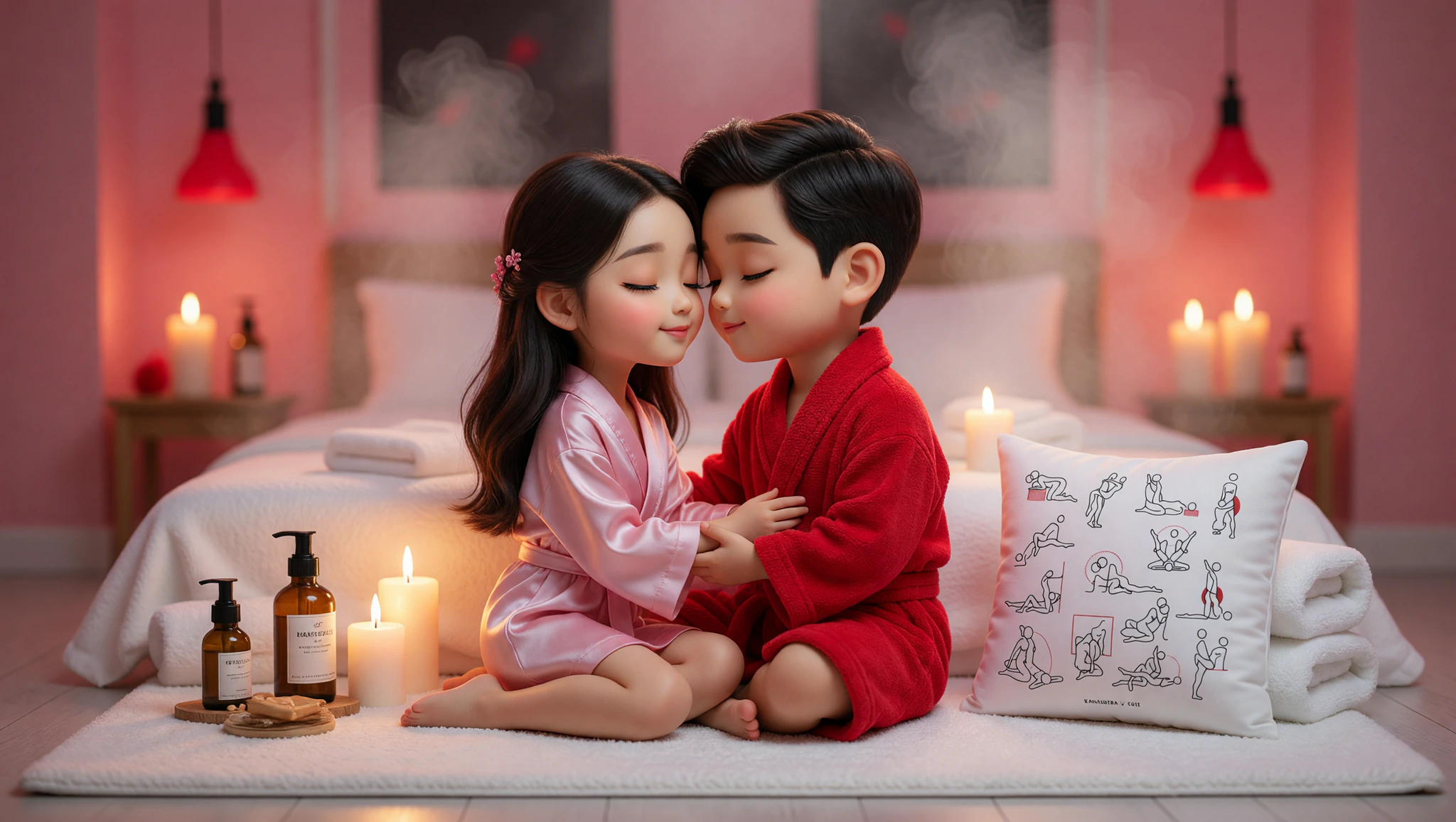 A man and woman in an intimate lotus embrace, melting into blissful connection amid a cozy spa-like bedroom setup.