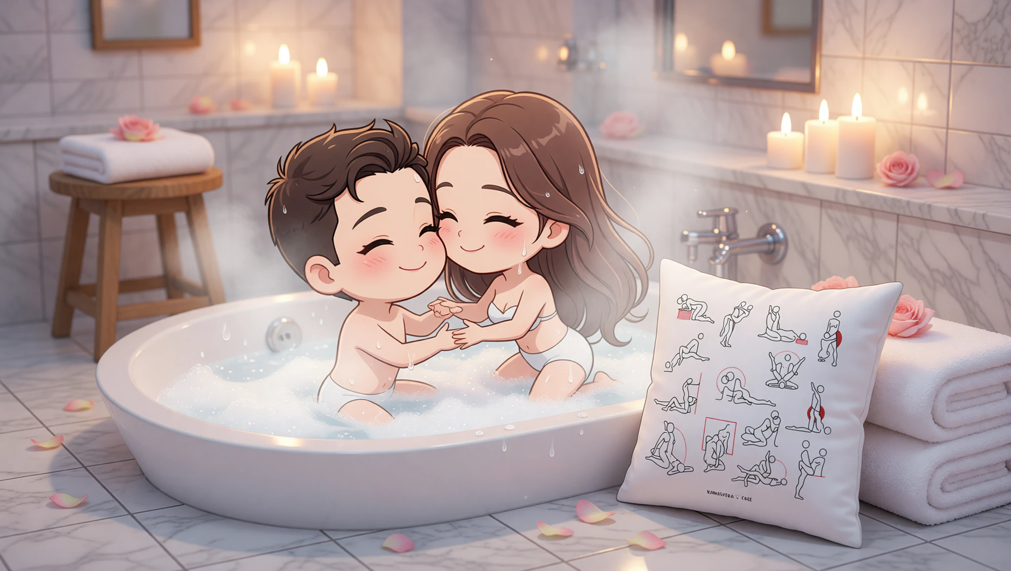 A loving man and woman share an intimate lotus position in a luxurious bubble bath spa setting.