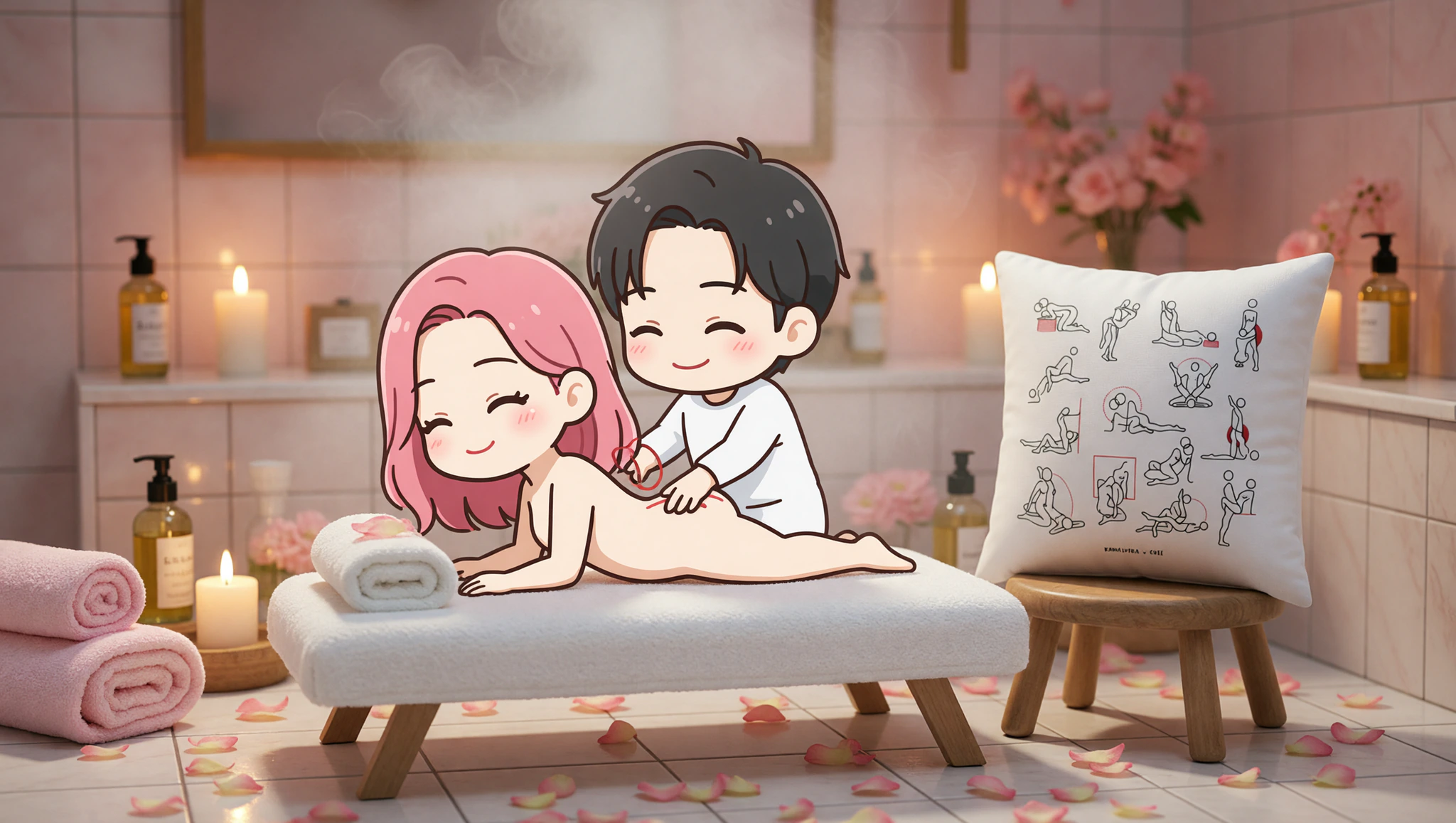 A man and woman couple sharing a relaxing spa-inspired intimate position surrounded by candles and steam in a home setting.