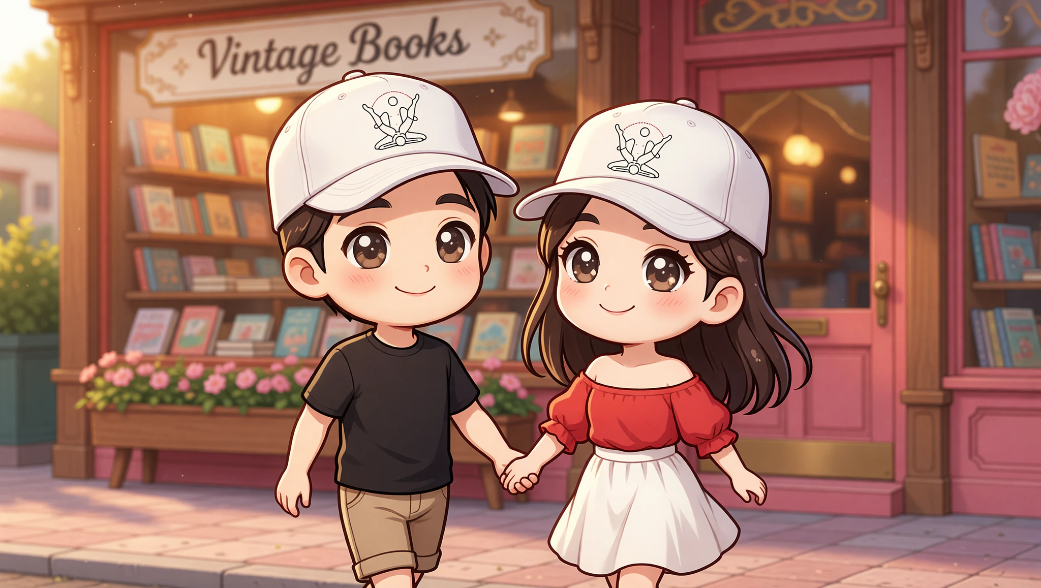 Couple in Kamasutra Cute dad hats enjoying a flirty bookstore stroll.