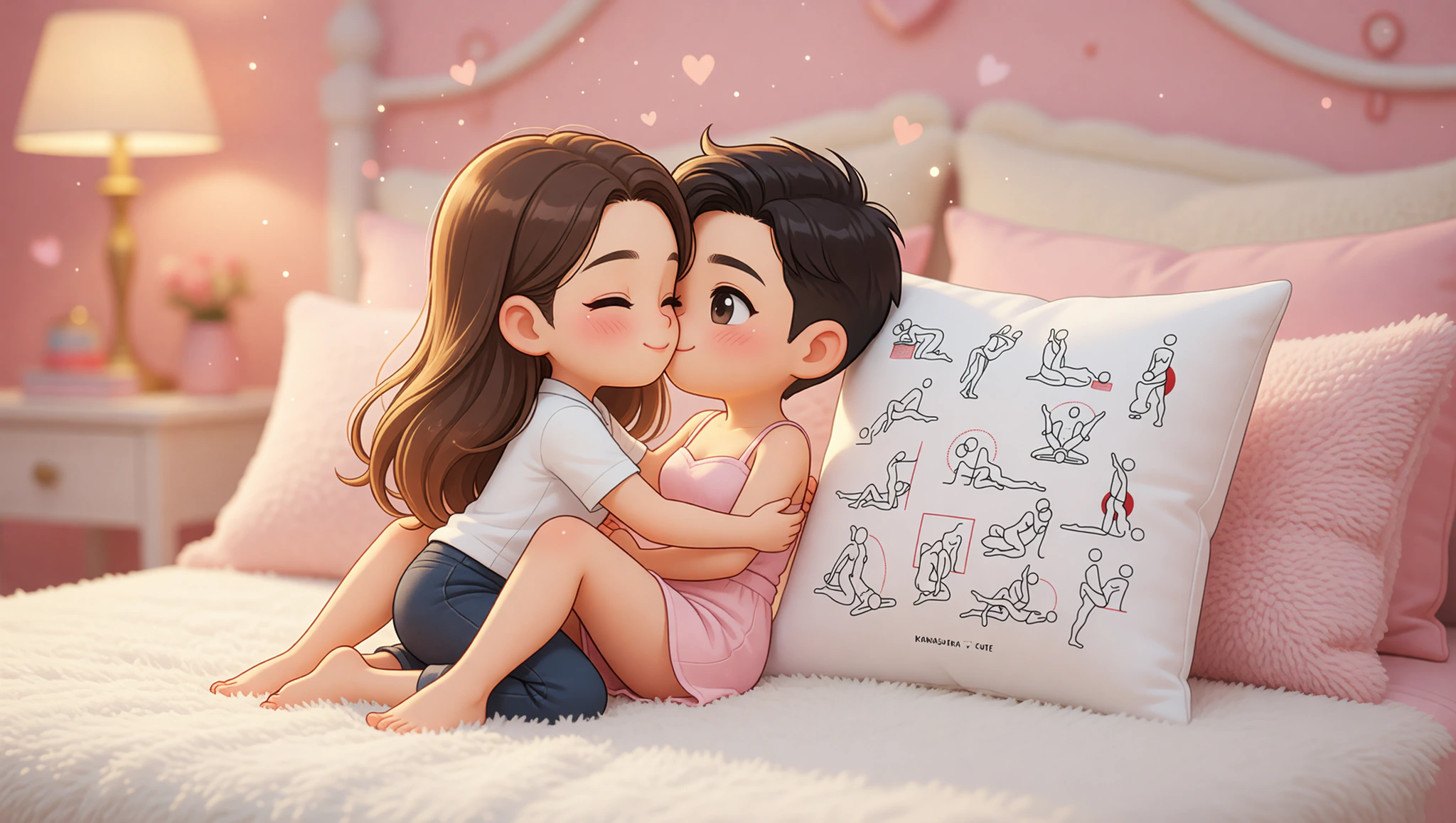 Pareja heterosexual apasionada en posición misionero elevado con almohada, conectados en reencuentro íntimo.