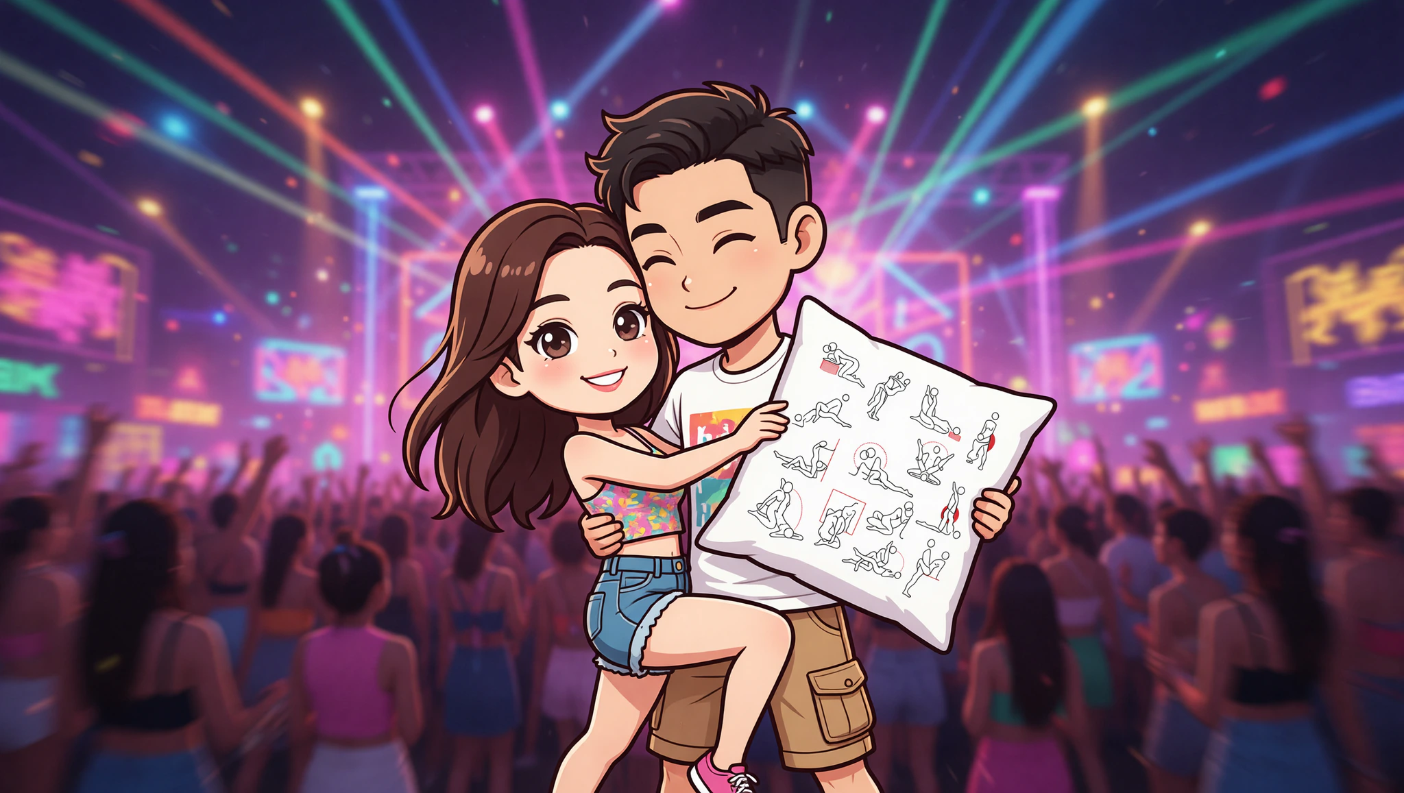 Pareja heterosexual en pose de sexo viajera con ritmo festivo, conectados en pasión ardiente.