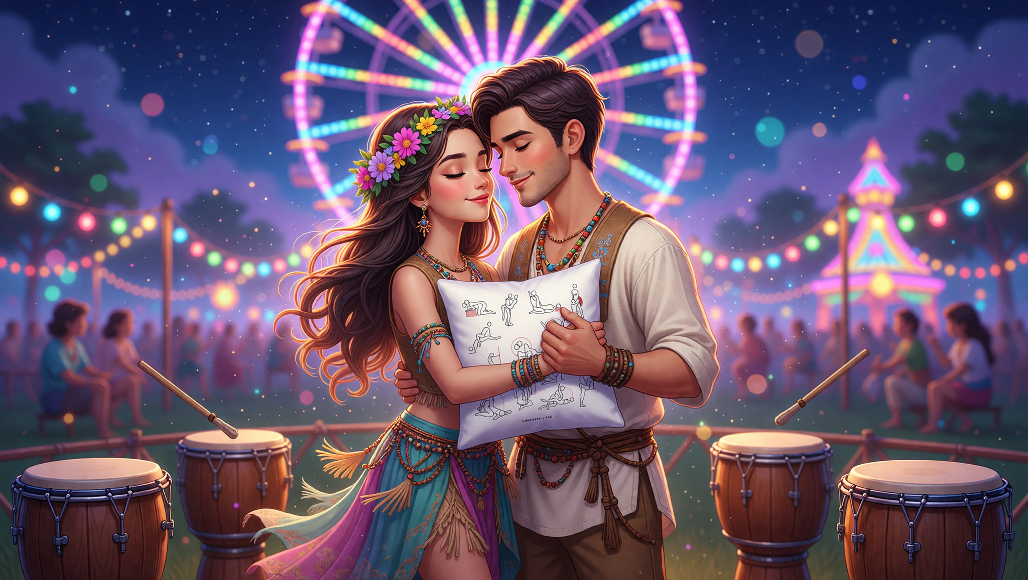 Pareja heterosexual en posición montada con ritmo festivalero, ella arriba guiando la pasión bajo luces vibrantes.