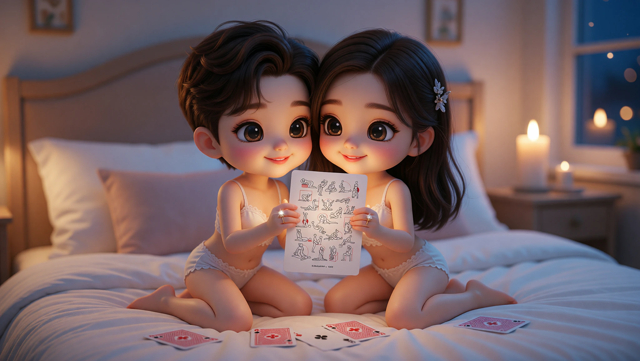 Newlywed couple sharing flirty nighttime delights with cards and candlelight in a romantic bedroom.