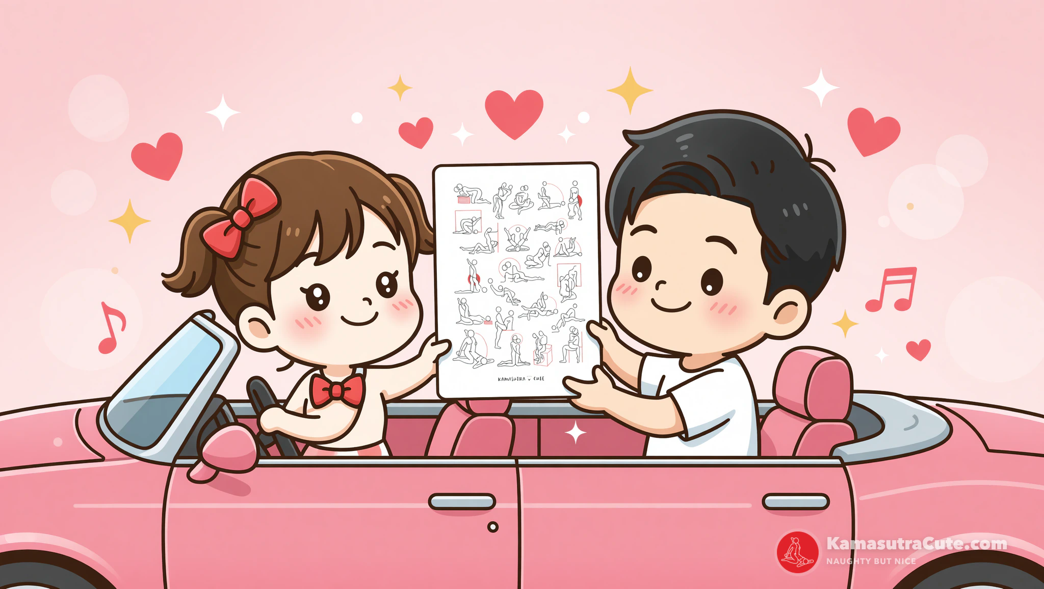 Couple enjoying flirty road trip games with Kamasutra cards.