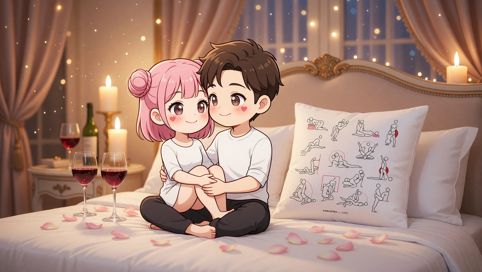 Pareja heterosexual en posición loto romántica, celebrando aniversario con pasión y conexión profunda en dormitorio iluminado por velas.