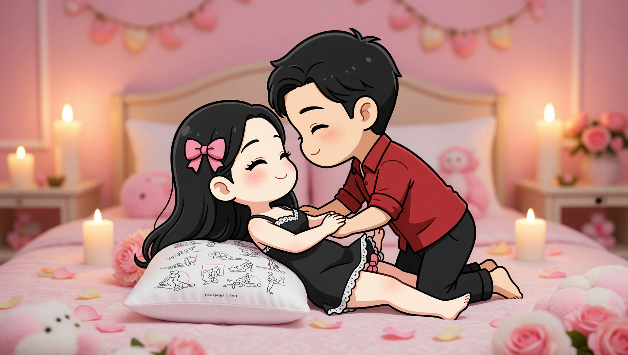 Loving man and woman in elevated missionary position using a pillow for deeper intimacy on their anniversary night.