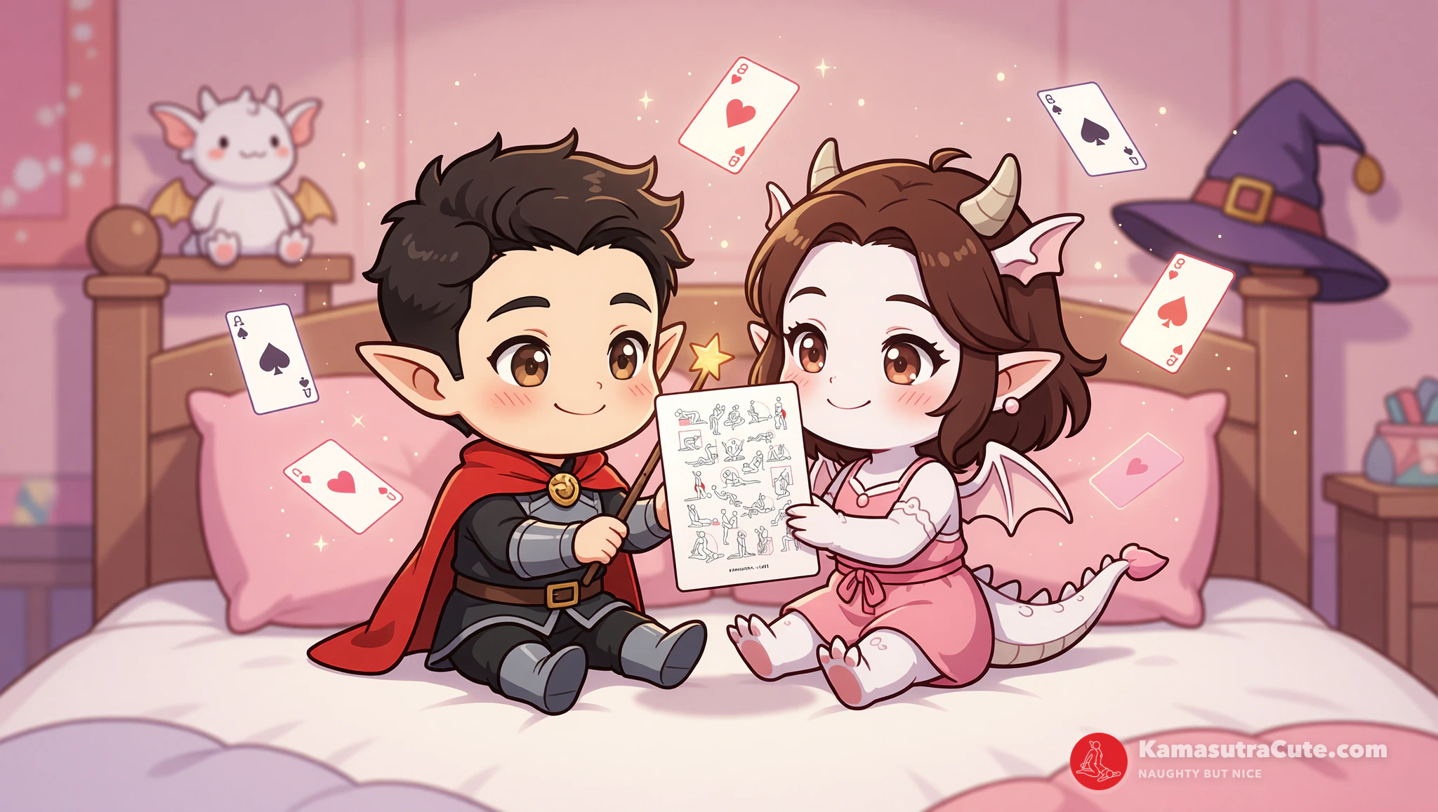 Fantasy RPG roleplay couple using Kamasutra Cute Poker Cards in bed