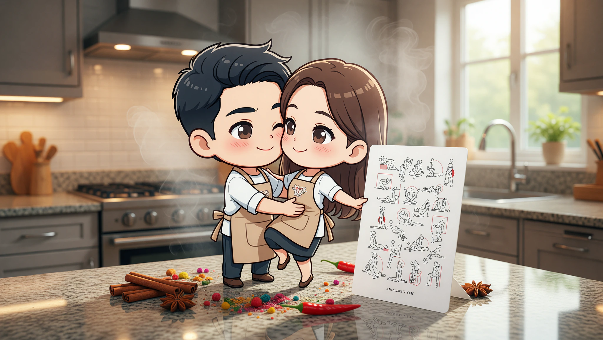 Pareja hombre y mujer en posición de loto Kamasutra, abrazados con pasión intensa en luz tenue romántica.