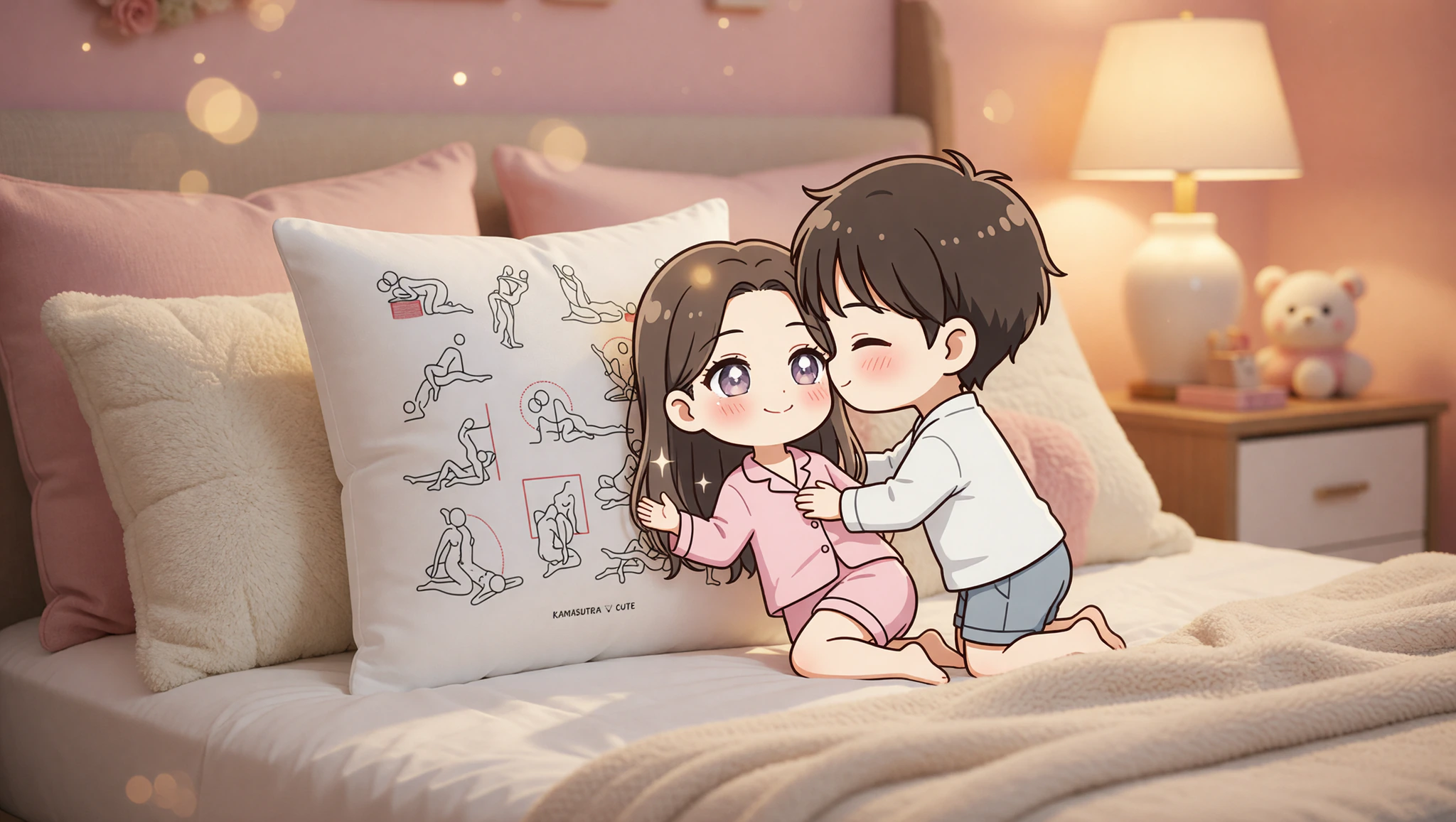 A man and woman sharing a seductive pillow pose amid inviting bedroom pillows and decor.