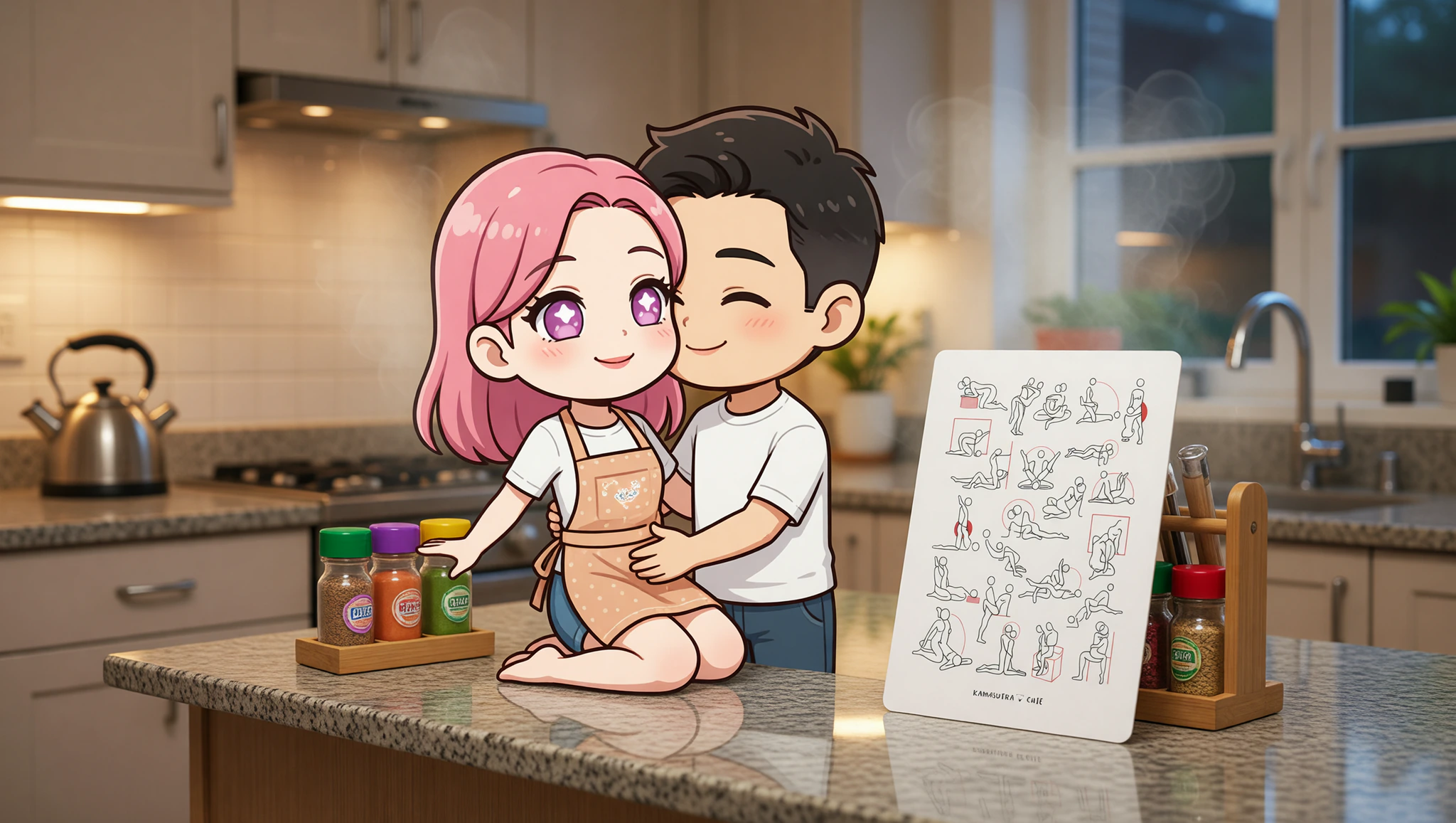 A passionate man and woman embracing on a kitchen counter surrounded by spice jars for seductive home play.