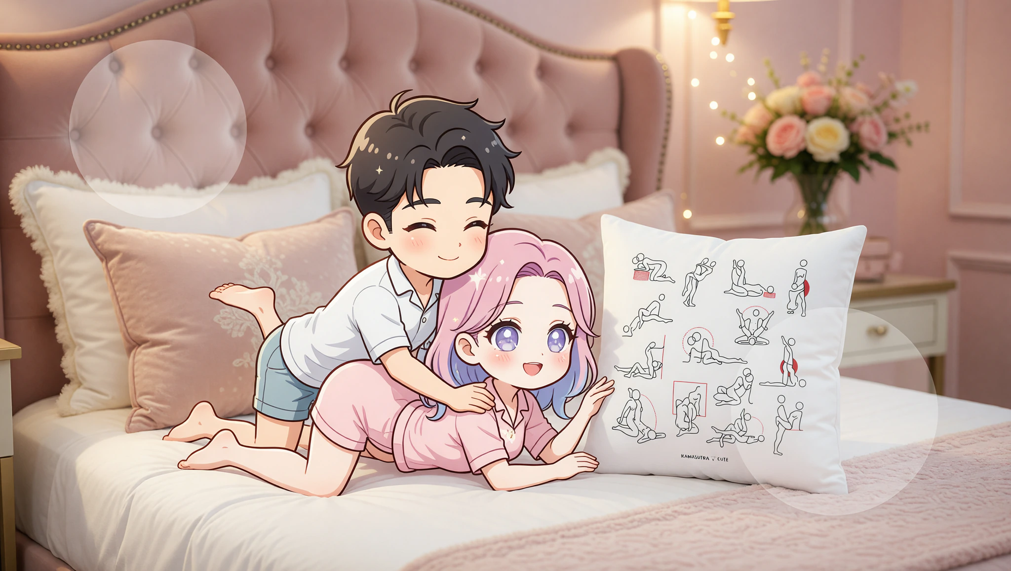 A man and woman in missionary position with hip lift on a decor-filled bed, lit softly for bedroom intimacy.