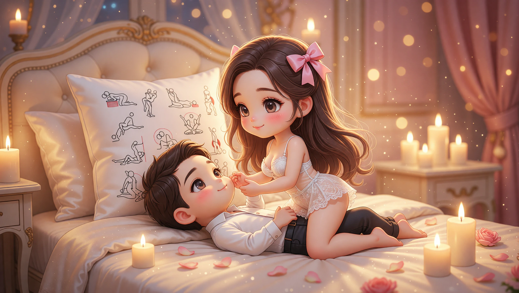 A man and woman passionately engaged in a sensual cowgirl position under warm candlelight for their anniversary.