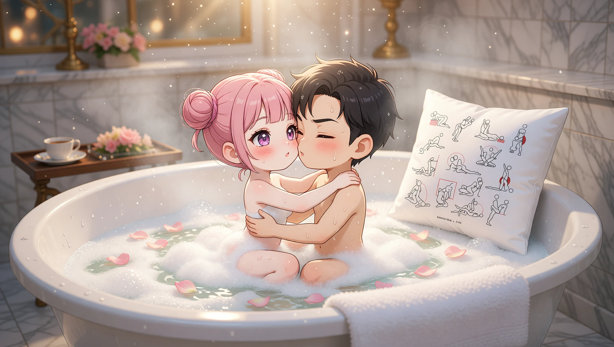 A passionate man and woman sharing a sensual Kamasutra lotus pose surrounded by relaxing bubbles in a spa bathtub.