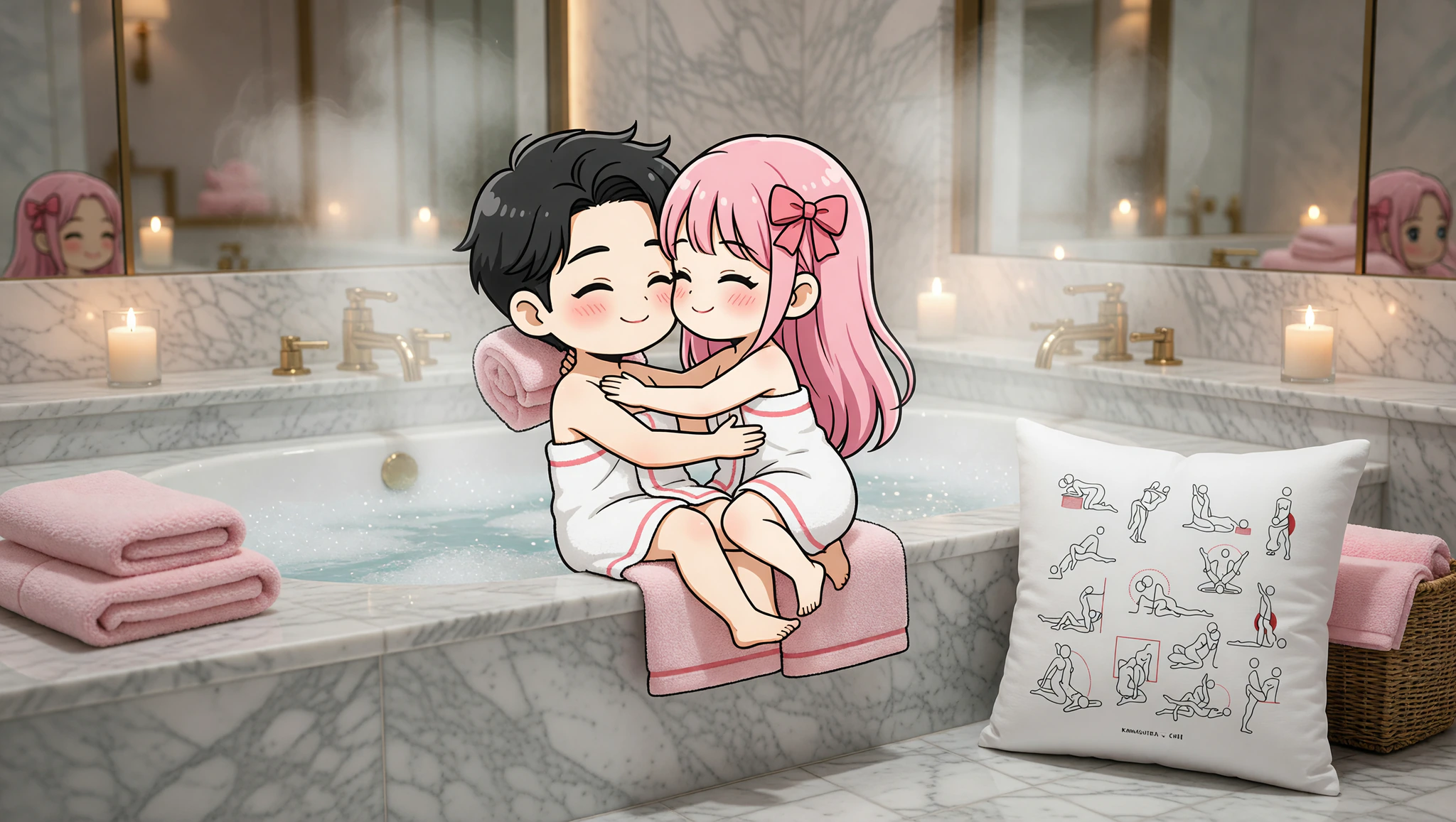 A man and woman passionately embracing in a spa-inspired bubbling cowgirl sex position amid steamy vapors.