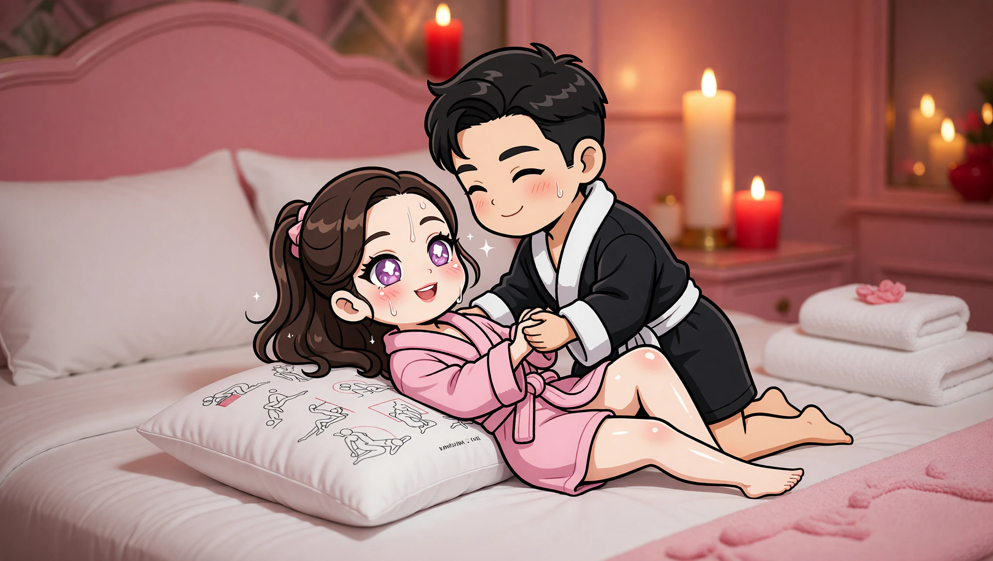 A man and woman couple locked in an oiled missionary sex position with a supportive pillow, evoking spa ecstasy.