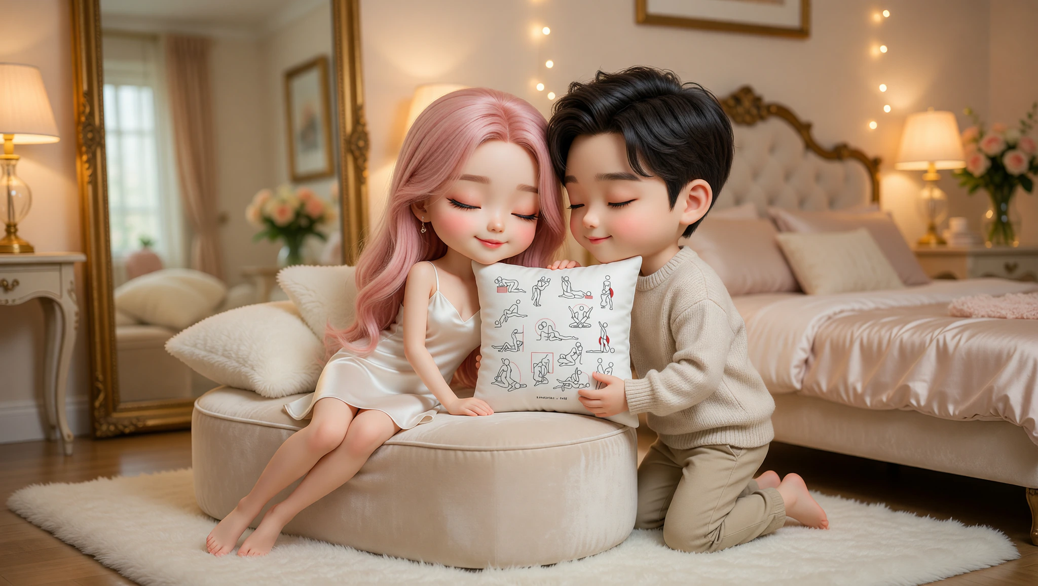 A man and woman exploring a decor desire position on an ottoman in a cozy, seductive bedroom.