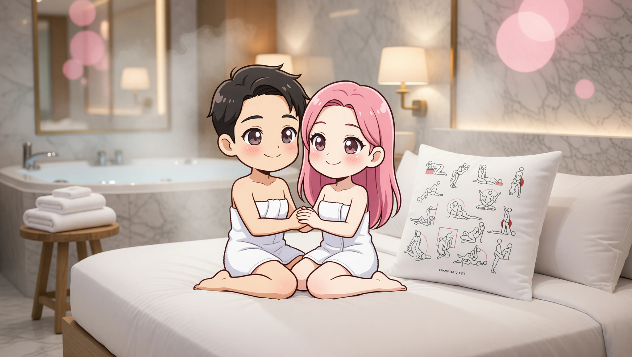 A man and woman intimately connected in a lotus position amid a relaxing spa-like bedroom atmosphere.