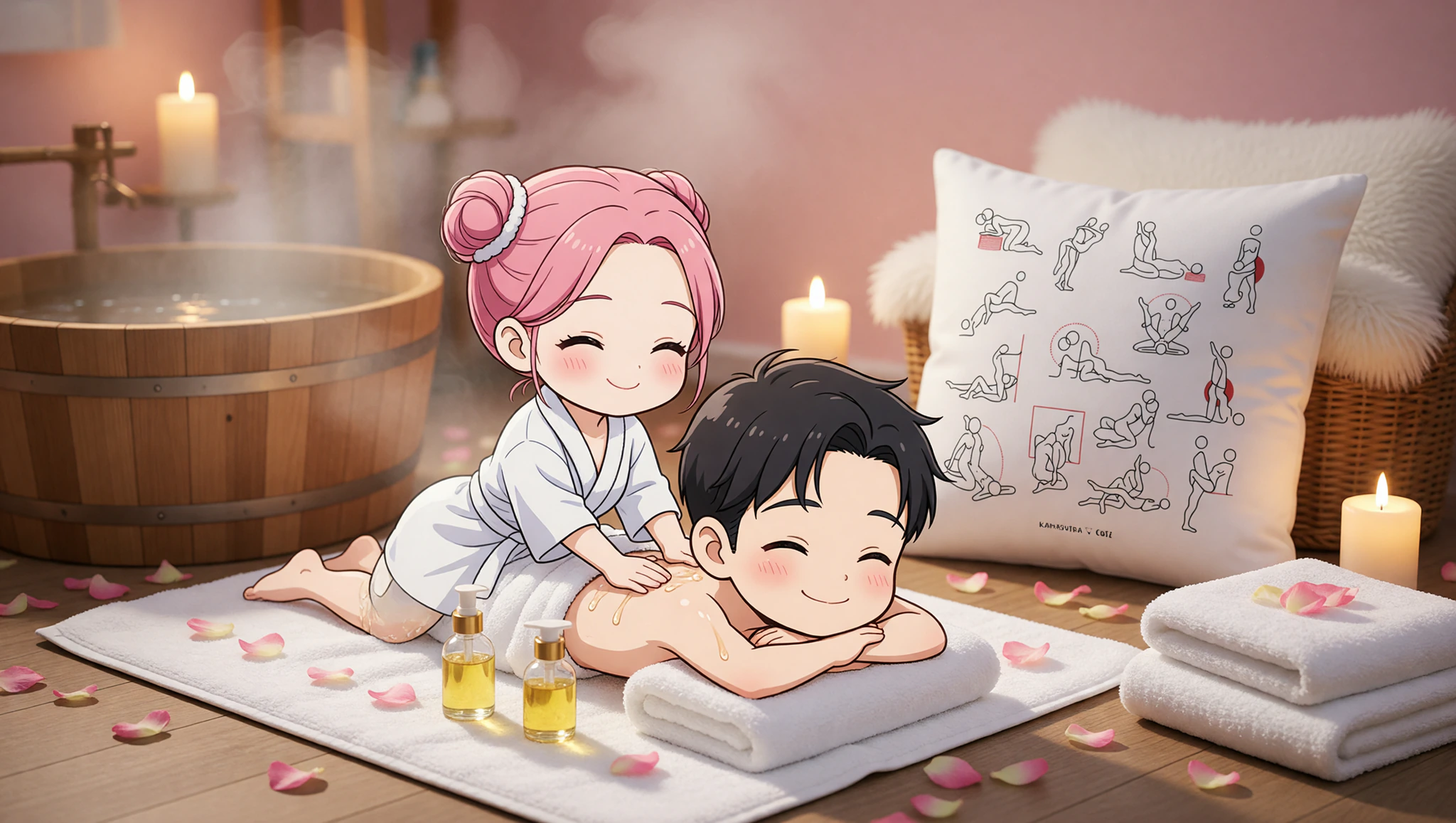 A man and woman sharing a seductive home spa massage ritual under soft candlelight.